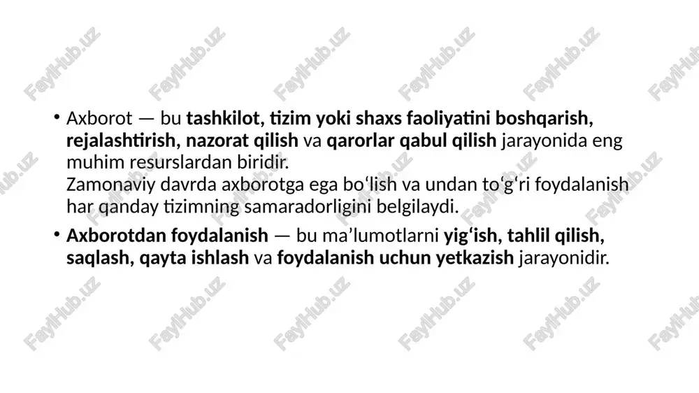 ozlash d) tarmoqni sinash 6. operativ foydalanish qanday maqsadga yo‘naltirilgan? a) uzoq muddatli tahlil b) tezkor boshqaruv qarorlarini qabul qilish c) ma’lumotlarni tasniflash d) nazorat qilish 7. strategik foydalanish qaysi bosqichga tegishli? a) uzoq muddatli rejalashtirish va rivojlanish b) tezkor tahlil c) faqat moliyaviy hisobotlar d) kundalik monitoring 8. axborotdan foydalanishning xizmat turi nimalarni o‘z ichiga oladi? a) faqat ichki tahlil b) axborot xizmatlarini ko‘rsatish va yetkazish c) dasturiy ta’minotni yaratish d) serverni tiklash 9. axborotni markazlashgan boshqarish deganda nima tushuniladi? a) ma’lumotlar tarqatilgan serverlarda joylashgan b) barcha ma’lumotlar yagona markazda boshqariladi c) foydalanuvchilar mustaqil boshqaradi d) tarmoqsiz boshqaruv 10. tarqatilgan boshqaruv tizimi qanday ishlaydi? a) barcha ma’lumotlar bitta joyda saqlanadi b) ma’lumotlar bir nechta serverlarda saqlanadi c) tizim internetga ulanmaydi d) foydalanuvchilar ma’lumotlarga kira olmaydi 11. avtomatlashtirilgan boshqaruv tizimlarida asosiy rolni nima bajaradi? a) inson omili b) dasturiy ta’minot va algoritmlar c) qog‘oz hujjatlar d) elektron pochta 12. qo‘lda …