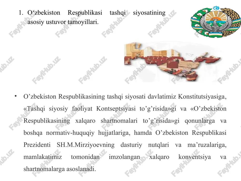 y hamkorlik va taraqqiyot tashkiloti, markaziy amerika umumiy bozori, xalqaro energetika agentligi, osiyo davlatlari iqtisodiy hamkorlik tashkiloti, jahon intellektual mulki tashkiloti, osiyo rivojlanish banki, evropa osiyo iqtisodiy hamkorligi h.k. 4.harbiy-siyosiy xalqaro tashkilotlar: nato harbiy-siyosiy blok, siyosiy evropa ittifoqi va hokazo. davlatlarning xamkorligiga asoslangan iqtisodiy, siyosiy va xalqaro aloqalar tizimida yaqinlashish, birlashishdir integratsiya...? 2. o‘zbekiston respublikasining bmtga a’zo bo‘lishi hamda jahon hamjamiyatidagi o‘rni va nufuzini ortib borishi. bmt bmt va o'zbekiston. 1992 yil 29 yanvarda birlashgan millatlar tashkilotining xavfsizlik kengashi o'zining 737-sonli qarorini ovozga qo'ymasdan qabul qildi va bosh assambleyaga o'zbekiston respublikasini bmtga qabul qilishni tavsiya etdi. 1992 yil 2 martda bmt bosh assambleyasining 46 – sessiyasida o'zbekiston respublikasi ovozga qo'yilmasdan, yakdillik bilan ma'qullash asosida birlashgan millatlar tashkilotiga qabul qilindi. shu kuni bmt bosh assambleyasi binosi oldida o'zbekiston respublikasining davlat bayrog'i ko'tarildi. 1993 yil 24 avgustda bmtning toshkentdagi vakolatxonasi ochildi. va ish boshladi. o'zbekiston bmtning to'laqonli a'zosi sifatida bu tashkilotning yig'ilishlarida …