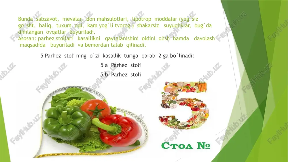 ulotlar yog`lar va uglevodlar ayniqsa shakar miqdorini kamaytirish. ekstraktlar, purinlar, refrakter yog`lar, xolesterin, esensial yog`lar, qo`ziqorin tolalar, qovurilgan ovqatlar cheklanadi. vitaminlar va lipotrop moddalar miqdori ortadi. suvda qaynatiladi yoki bug`da pishiriladi kimyoviy tarkibi va energiya tarkibi: oqsillar 110 - 120 g ( hayvonlar 60 – 65%) 80 g ( o`simlik 15 - 20 %), uglevodlar 350 - 400 g ( 30 – 40 g shakar, 20 – 30 ksilitol), energiya qiymati 10.9 – 11.3 mj ( 2600 – 2700 kkal), natriy xlor 10 g, suyuqlik miqdori 1.5 litr. oziqlantirish rejimi: kuniga 5 – 6 marta kechqurun kefir ichish tavsiya etiladi. mumkin bo`lmagan ovqat mahsulotlari va taomlari: javdar non, hamirdan olingan mahsulotlar, sut, osh, sho`rva, tuzlangan okroshka, qo`ziqorin, o`rdak, g`oz, kolbasa, konserva mahsulotlari. baliq, tuzli pishloq, kislotali sut mahsulotlari, loviya, sarimsoq, sholg`om, turp, mayiz, ismaloq, o`rik, anjir, xurmo, muzqaymoq, shokolad, keks, xantal, qalampir, uzum o`rik sharbati. image1.jpeg image2.jpg image3.jpg /docprops/thumbnail.jpeg