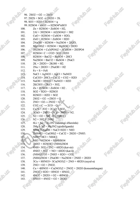) 136. (nh4)2co3 = 2nh3 + h2o + co2 137. (nh4)2so4 + 2naoh = na2so4 + 2nh3 + 2h2o 138. 3cu + 8hno3= 3cu(no3)2 + 2no + 4h2o (suyul-n) 139. 2no + o2 = 2no2. 140. cu + 4hno3 = cu(no3)2 + 2no2 + 2h2o (konsentrlangan) 141. 2no2 + h2o = hno3 + hno2. 142. 4no2 + 2h2o + o2 = 4hno3 143. hno3 = 4no2 + o2 + 2h2o 144. cuo + 2hno3 = cu(no3)2 + h2o 145. fe(oh)3 + 3hno3 = fe(no3)3 + 3h2o, 146. na2co3 + 2hno3 = 2nano3 + h2o + co2. 147. cu + 4hno3 (kons.) = cu(no3)2 + 2no2 + 2h2o, 148. pb + 4hno3 (kons.) = pb(no3)2 + 2no2 + 2h2o, 149. 3cu + 8hno3 (suyul.) = 3cu(no3)2 + 2no + 4h2o 150. 4fe + 10hno3 (juda suyl.) = 4fe(no3)2 + nh4no3 + 3h2o. 151. au + hno3 + 3hcl = aucl3 + …