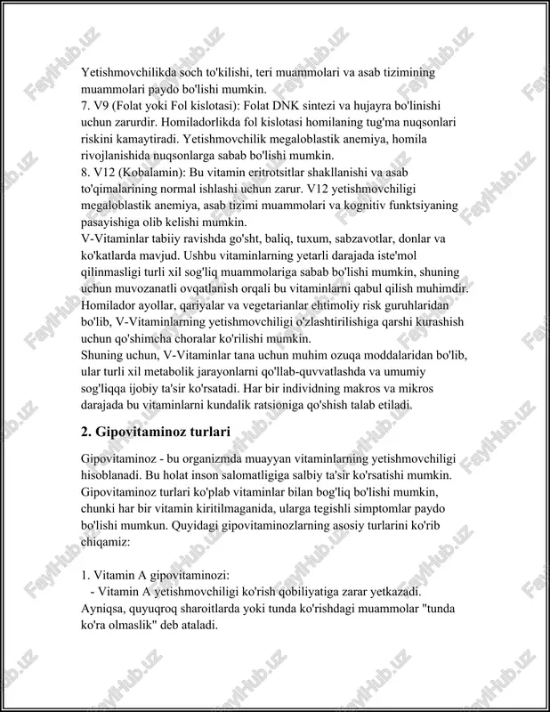 "tunda ko'ra olmaslik" deb ataladi. - ko'zning quruqlashishi birinchi belgilardan biri bo'lishi mumkin. - kattalarda va bolalarda teri quruqlashishi, immunitetning pasayishi kuzatiladi. - jahon sog'liqni saqlash tashkiloti ma'lumotlariga ko'ra, dunyoda 250 milliondan ortiq maktab yoshidagi bolalarda vitamin a gipovitaminozi mavjud. 2. vitamin b1 (tiamin) gipovitaminozi: - tiamin yetishmovchiligi beriberi kasalligi bilan bog'liq. bu kasallik ikki turga bo'linadi: "quruq" va "nam" beriberi. - nerv va muskullarga ta'sir qiladi, umumiy zaiflik va xotira yo'qolishini keltirib chiqaradi. - oshqozon-ichak yo'llari bilan bog'liq muammolarga olib keladi. - tiaminning yetishmasligi asosan oziqlanish yomon bo'lgan aholida ko'rinadi. 3. vitamin b2 (riboflavin) gipovitaminozi: - riboflavin muammolari teri va shilliq pardalarning sog'lom bo'lishi uchun zarur. - b2 gipovitaminozi og'izdagi yallig'lanishga, lablar qurib qolishiga va chekkalaridagi yoriqlarga olib keladi. - yog'ning noto'g'ri ishlatilishi tufayli ko'z yorqinligi kamayishi mumkin. 4. vitamin b3 (niatsin) gipovitaminozi: - pellagra deb ataladigan kasallik niatsin yetishmovchiligi natijasida yuzaga keladi. pellagra uch belgi bilan tavsiflanadi: dermatit, …