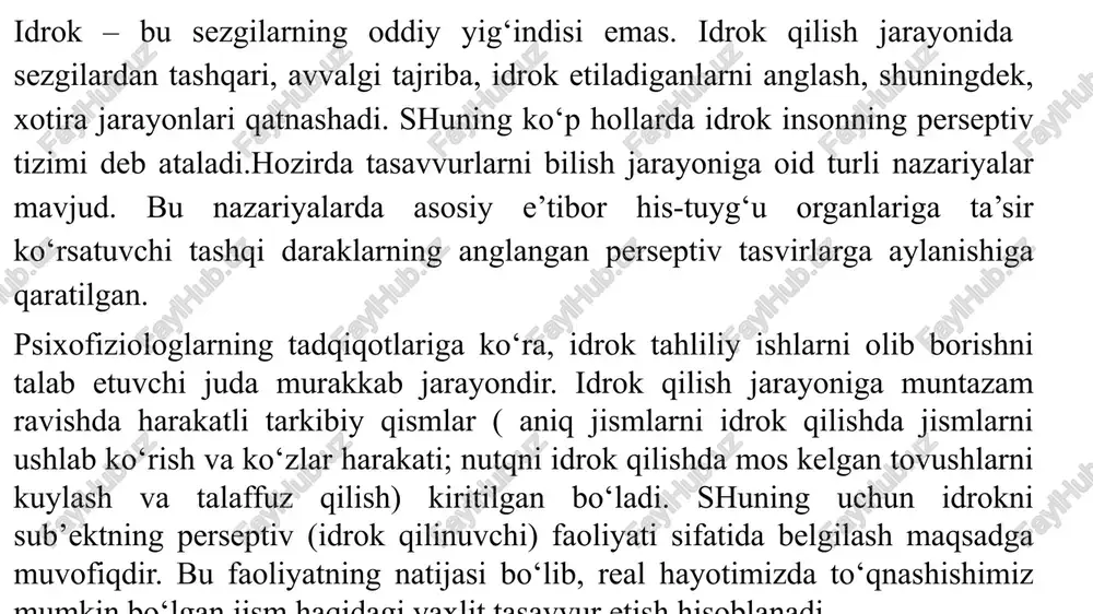 ‘p tomonlama seskantiruvchining ta’sir etishida alohida o‘rin egallaydilar. masalan, bunday seskantiruvchi sifatida eshitish analizatoriga ta’sir ko‘rsatuvchi alohida tovushlarning o‘ziga xos uyg‘unligidan iborat bo‘lgan kuy xizmat qilish mumkin. bu to‘plam yagona murakkab seskantiruvchi sifatida faoliyat ko‘rsatadi. bunda nerv aloqalari seskantiruvchining o‘ziga nisbatan javob o‘rnida emas, balki, ularning vaqtinchalik, fazoviy va shu kabi munosabatlariga nisbatan ham hosil bo‘ladi. natijada katta yarim sharlar po‘stlog‘ida integratsiyalash yoki murakkab sintez jarayoni sodir bo‘ladi. idrokning asosiy xossalari va turlari. idrokning asosiy xossalariga predmetlilik, yaxlitlik, strukturaviylik, konstantlik, anglanganlik, appersepsiya va faollik kiradi. idrokning predmetliligi – bu real olam jism va hodisalarini bir-biri bilan bog‘lanmagan sezgilar to‘plami ko‘rinishida emas, alohida jismlar shaklida aks ettirish qobiliyati. predmetlilik idrokning tug‘ma xossasi emas. bu xossaning paydo bo‘lishi va takomillashtirilishi bola hayotining birinchi yilidan boshlab, ontogenez jarayonida sodir bo‘ladi. i.m.sechenov fikriga ko‘ra, predmetlilik bolaning jism bilan aloqasini ta’minlaydigan harakatlar asosida shakllanadi. idrokning boshqa xossasi uning yaxlitligidir. jismning alohida xossalarini aks ettiruvchi sezgilardan …
