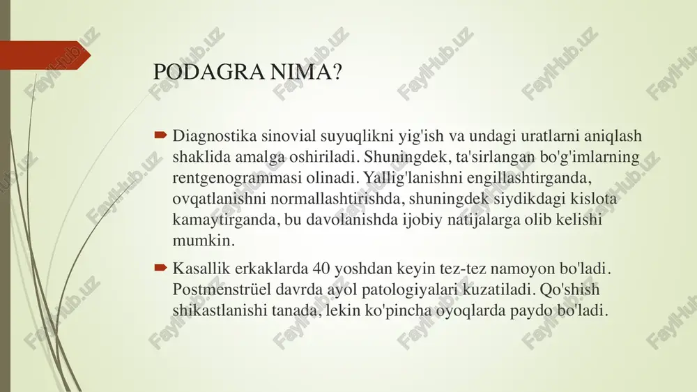rlari); • sho'r va achchiq sut; • dukkakli ekinlar; • sabzavotlar (turshak, qo'ziqorin); gut dietasida bemor, asosiy davolanishdan tashqari, ruxsat etilgan va taqiqlangan ovqatlar haqida bilishi kerak. ovqatlanish qoidalariga rioya qilmasdan ushbu kasallikni davolash yoki simptomlarni yo'q qilish mumkin emas. • mevalar (uzum, malina, anjir); • mayonez; • shirinliklar va xamir ovqatlar; • hayvon yog'lari; • alkogolli ichimliklar; • qora choy, kofe; • souslar (xantal, xren); • ziravorlar va o'tlar. taqiqlangan mahsulotlar: e'tibor bering!yuqoridagi mahsulotlar iste'mol qilinmasligi yoki bemorning ovqatiga qo'shilmasligi kerak! • non mahsulotlari - noqulay xamir ovqatlar; • go'sht - quyon va tovuq go'shti; • qaynatilgan baliq go'shti (kam yog'li navlar); • tuxum (kuniga 1 dona); • sut mahsulotlari (kam yog'li va sho'r emas); • dukkakli ekinlar emas; • sabzavotlar (kartoshka, sabzi, piyoz, sarimsoq, pomidor); • mevalar (yashil olma, o'rik, mandarin); • o'simlik yog'lari; • meva choylari, tasdiqlangan mahsulotlardan tabiiy sharbatlar. gut menyusi zerikarli va mazasiz bo'lib ko'rinishi …