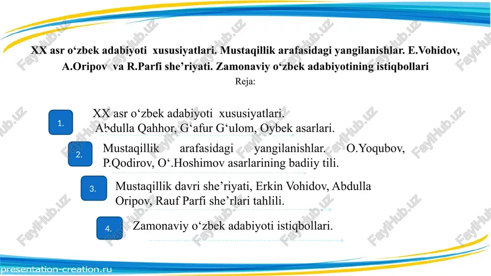 topshiriqlari 6. a.qahhorning “mahalla” hikoyasini qahramoni kim? a. hasanali va oybodoq. b. razzoq so‘fi, qurbonbibi. c. muhabbat kampir va bahrom bobo. d. rohat buvi, hikmat buva. 7. …aziz asrimizning aziz onlari, aziz odamlardan soʻraydi qadrin. fursat gʻanimatdir, shoh satrlar-la bezamoq chogʻidir umr daftarin… ushbu satrlar g‘afur g‘ulomning qaysi she’ridan olingan? a. “vaqt” b. “kuzatish”. c. “sog‘inish”. d. “sen yetim emassan”. 8.“navoiy” romani kimning qalamiga mansub? a. g‘afur g‘ulom. b. abdulla qodiriy. c. abdulla avloniy. d. oybek. 9.«yozuvchini, garchi shaxsan tanilmasa ham, asarlarini o‘qib, qanday tabiatli shaxs ekanini g‘oyibona bilish, tasavvur qilish mumkin. chunki u asarlarida, asosan, o‘z tabiatini, ruhini tasvirlaydi» berilgan fikr muallifi kim? a. abdulla qodiriy. b. oybek. c.erkin vohidov. d.abdulla oripov. 10.xx asr o‘zbek she’riyatining buyuk darg‘alari kimlar? a. avloniy, qodiriy. b. a.qahhor, oybek. c. e.vohidov, a.oripov. d. a.avloniy, oybek. diqqat qiling! mistifikatsiya - bu “mistika” so‘zidan olingan bo‘lib sirli, sehrli degan ma’noni anglatadi. adabiy mistifikatsiya – badiiy …