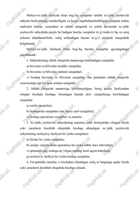 oki zararlarni hisoblab chiqishda hisobga olinadi. i.bob.ishlab chiqarish va davr xarajatlari tahlili mahsulot (ishlar, xizmatlar) ishlab chiqarish tannarxiga bevosita mahsulot (ishlar, xizmatlar)ni ishlab chiqarish bilan bog`liq bo`lgan, ishlab chiqarish texnologiyasi va uni tashkil etish bilan shartlangan xarajatlar kiritiladi. ularga quyidagilar tegishli bo`ladi: bevosita va bilvosita moddiy xarajatlar, bevosita va bilvosita mehnat xarajatlari, boshqa bevosita va bilvosita xarajatlar, shu jumladan ishlab chiqarish xususiyatiga ega bo`lgan ustama xarajatlar. mahsulot (ishlar, xizmatlar)ning ishlab chiqarish tannarxini hosil qiluvchi xarajatlar ularning iqtisodiy mazmuniga ko`ra quyidagi elementlar bilan guruhlarga ajratiladi: 1. ishlab chiqarish moddiy xarajatlar (qaytariladigan chiqitlar qiymati chiqarib tashlangan holda); 2. ishlab chiqarish xususiyatiga ega bo`lgan mehnatga haq to`lash xarajatlari; 3. ishlab chiqarishga tegishli bo`lgan ijtimoiy sug`urtaga ajratmalar; 4. asosiy fondlar va ishlab chiqarish ahamiyatiga ega bo`lgan nomoddiy aktivlar amortizatsiyasi; 5. ishlab chiqarish ahamiyatiga ega bo`lgan boshqa xarajatlar. 1. moddiy xarajatlar xarajatlarning eng muhim va asosiy qatori hisoblanadi. ularning jami xarajatlar tarkibidagi salmog`i ishlab chiqarish, …