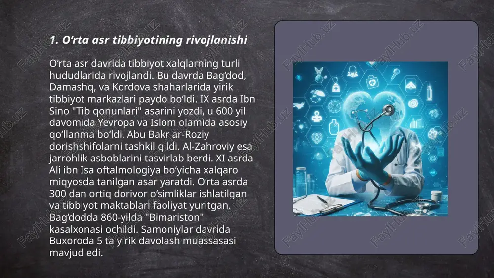 acha qadriyat sifatida e'zozlanmoqda. shu bilan birga, o‘rta asrlarning yirik olimlari, jumladan, al-beruniy va al-farg‘oniy ilm-fan, shu jumladan san'atshunoslikni rivojlantirgan. ... t.me/slaydai_bot miniatyura san’ati o‘rta asrlarda movarounnahr va xuroson hududlarida rivojlangan. xiv-xv asrlarda temuriylar davrida kitob san’ati yuqori cho‘qqisiga yetdi. bu davrda mirzo ulug‘bek rasadxonasida ishlagan olimlar ilm-fan va san’at sohalarini birlashtirdilar. mashhur munshiy kamoliddin behzod temuriylar davrida miniatyura san’atida katta rol o‘ynagan. samarqand va hirotda ko‘plab noyob qo‘lyozmalar yaratilgan. xvi asrda esa bu san’at shaharchalarining, xususan, buxoro va qo‘qon kitoblarida davom ettirildi. miniatyura san’ati nafaqat estetik maqsadlarda, balki ilohiyot va fan bilan bog‘liq bilimlarni targ‘ib qilishda ham muhim ahamiyat kasb etgan. mavjud qo‘lyozmalar va miniatyuralar bugungi kunda muzey va kutubxonalarda saqlanmoqda. ... t.me/slaydai_bot 7. o‘rta asrda tibbiyot va san'atda musulmon olimlarining hissasi vii asrdan xv asrgacha bo‘lgan davrda musulmon olimlari tibbiyot va san'atda muhim yutuqlarni qo‘lga kiritdilar. abu ali ibn sino ("avicenna")ning "al-qonun fi at-tibb" asari tibbiyot ensiklopediyasi sifatida …