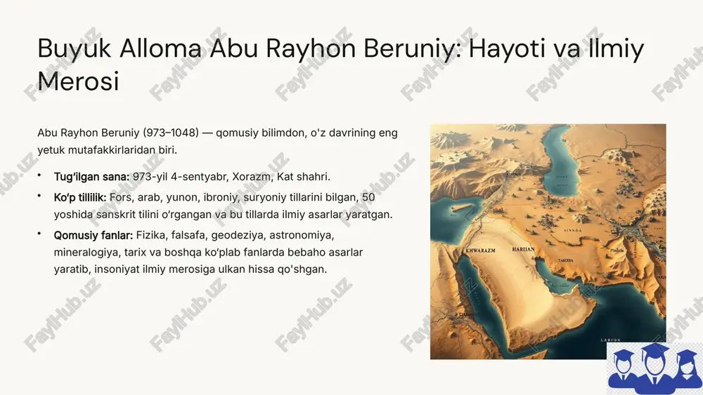 lar va milliy rivoj talaba ijodi va tadqiqot ijodiy fikrlash va ilmiy ishlar nazariya va amaliyot ta'limda nazariya va amaliyot uygʻunligi uning nazariya va amaliyotni uyg‘unlashtirish, talaba ijodkorligini rivojlantirishga asoslangan prinsiplari zamonaviy o‘quv dasturlari uchun mustahkam asos bo‘lib xizmat qiladi. 10 xulosa: abu rayhon beruniy – ilm va tarbiya sohasida buyuk meros 150+ asarlar uning qalamiga mansub bo‘lgan, lekin ko'p qismi bizgacha yetib kelmagan asarlar soni. 75 yillik umr 75 yillik umri davomida insoniyat sivilizatsiyasiga ulkan hissa qo'shgan. 1000+ yildan ortiq uning ilmiy merosi ming yildan ortiq vaqtdan beri dunyo olimlariga xizmat qilmoqda. beruniy – ilmiy kenglik va pedagogik yondashuvlarning uyg‘unligi bilan o‘zbek va jahon ilm-fan tarixida abadiy o‘rin egallagan buyuk mutafakkirdir. uning hayoti va faoliyati har bir avlod uchun ilhom manbai bo‘lib qolishi shart. 11 image1.png image2.png image3.jpg image4.png image5.png image6.png image7.png image8.png image9.png image10.png image11.png image12.png image13.png image14.png image15.png image16.png image17.png image18.png image19.png