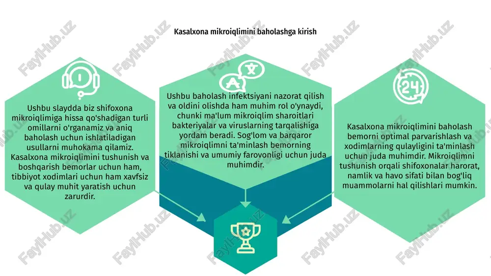 qlashda muhim rol o'ynaydi. to'g'ri shamollatish havo orqali yuqadigan infektsiyalarning tarqalishini oldini olishga yordam beradi va bemorning umumiy farovonligiga yordam beradi. kasalxona mikroiqlimida havo sifatini baholash kasalxona mikroiqlimidagi havo sifatini baholash bemorlar va tibbiyot xodimlarining farovonligini ta'minlash uchun juda muhimdir. bu potentsial ifloslanish manbalarini aniqlashga va atrof-muhitni toza va sog'lom saqlash uchun zarur choralarni ko'rishga yordam beradi. matn harorat, namlik va shamollatish kabi shifoxona mikroiqlimini baholashga turli omillar yordam beradi. bu omillar havo orqali yuqadigan kasalliklarning tarqalishiga va kasalxona sharoitida odamlarning umumiy farovonligiga ta'sir qilishi mumkin. kasalxona mikroiqlimining bemorning farovonligiga ta'siri kasalxona mikroiqlimini baholash bemorning farovonligi va xavfsizligini ta'minlash uchun juda muhimdir. kasalxonalarning mikroiqlimi bemorning salomatligi va tiklanishiga sezilarli ta'sir ko'rsatishi mumkin. kasalxona mikroiqlimini tushunish va boshqarish bemorning natijalari va umumiy qoniqishini yaxshilashga yordam beradi. kasalxona mikroiqlimining tibbiyot xodimlariga ta'siri kasalxona mikroiqlimini baholash uning tibbiyot xodimlariga ta'sirini tushunish uchun juda muhimdir. mikroiqlim harorat, namlik va ventilyatsiya kabi omillarni o'z ichiga …