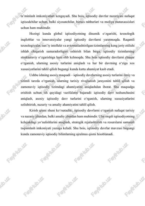 vr tushunchasi va ahamiyati iqtisodiy davr — bu ishlab chiqarish, almashish va iste’mol jarayonlarining ma’lum bir vaqt davomida o‘ziga xos rivojlanish bosqichlarini ifodalovchi tushuncha. iqtisodiy davr tushunchasi iqtisodiyotshunoslikning eng muhim va nazariy jihatdan murakkab bo‘lgan masalalaridan biridir. iqtisodiy davr — bu iqtisodiy tizimning ma’lum bir vaqt oralig‘ida o‘ziga xos rivojlanish bosqichlarini, ishlab chiqarish, almashish, taqsimlash va iste’mol jarayonlarining xususiyatlarini ifodalovchi tushuncha. u nafaqat iqtisodiy jarayonlarning vaqt bo‘yicha o‘zgarishini, balki ishlab chiqarish kuchlari va ishlab chiqarish munosabatlarining evolyutsiyasini ham o‘rganadi. tarixiy nuqtai nazardan, iqtisodiy davrlarni o‘rganish insoniyat jamiyatlarining moddiy va ma’naviy hayotidagi o‘zgarishlarni chuqurroq tushunishga yordam beradi. har bir davrning o‘ziga xos iqtisodiy mexanizmlari, ishlab chiqarish asoslari, mehnat taqsimoti va resurslardan foydalanish xususiyatlari mavjud bo‘ladi. masalan, qishloq xo‘jaligi asosidagi iqtisodiy tizimlarda asosiy ishlab chiqarish kuchi yer va mehnat bo‘lsa, sanoat inqilobi davrida ishlab chiqarish asosan texnika va texnologiya orqali amalga oshiriladi. shu tariqa, iqtisodiy davrlar orqali jamiyatlarning iqtisodiy, texnologik va ijtimoiy …