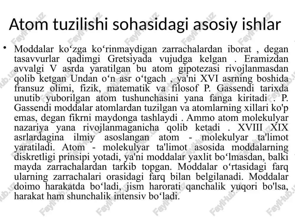 tdi.  - zarrachalarnig ko’pchiligi o’z yo’nalishini o’zgartirmay plastinkadan o’tib ketdi. zarrachalarning oz qismigina kichik burchak hosil qilib burildi, taxminan 8 ming  - zarrachalarning bittasigina chetga otildi. rezerford bu zarralarning maxsus ekranga urilganda chaqnashini mikroskop orqali ko’rdi. demak, metall atomini fazoda egallagan ko’p qismida og’ir zarrachalar yo’q, unda faqat elektronlar bo’lishi mumkin. ma’lumki, elektronlarning massasi  - zarracha massasidan deyarli 7500 marta kichikdir, shu sababli elektronlar bilan to’qnashganda  -zarrachalarning harakat yo’nalishi o’zgarmaydi. -zarrachalarning burchak ostida burilishi yoki ularning keskin orqaga qaytishiga sabab atomning asosiy massasiga ega bo’lgan og’ir yadroning borligidir. yadro atomning juda kichik hajmini egallaydi, shuning uchun  - zarrachalar u bilan kam to’qnashadi. yadro musbat zaryadga egadir, shuning uchun undan musbat zaryadli - zarrachalar itariladi. atom va yadro hajmi yadroning o’lchami atom o’lchamidan kichik bo’lib, atomning diametri 10-10 m, yadroning diametri esa 10-14 m -10-15 m atrofidadir. r at.  10–10 m r yadro  10–14 …