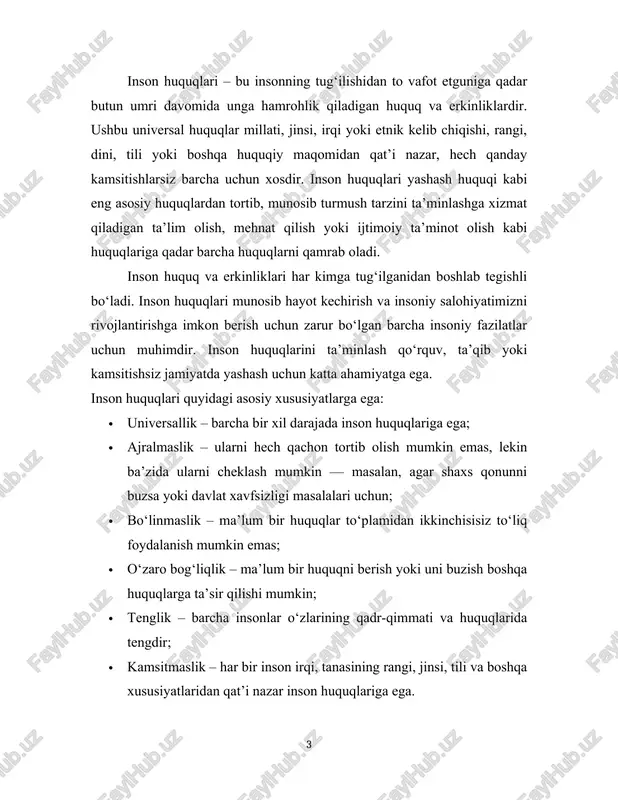 alari ushun; · bo‘linmaslik – ma’lum bir huquqlar to‘plamidan ikkinshisisiz to‘liq foydalanish mumkin emas; · o‘zaro bog‘liqlik – ma’lum bir huquqni berish yoki uni buzish boshqa huquqlarga ta’sir qilishi mumkin; · tenglik – barsha insonlar o‘zlarining qadr-qimmati va huquqlarida tengdir; · kamsitmaslik – har bir inson irqi, tanasining rangi, jinsi, tili va boshqa xususiyatlaridan qat’i nazar inson huquqlariga ega. 1948-yilda bmt bosh assambleyasi tomonidan qabul qilingan inson huquqlari umumjahon deklaratsiyasi ommaviy himoya qilinadigan asosiy inson huquqlarini belgilaydigan birinshi yuridik hujjat bo‘ldi. deklaratsiya va ikkita pakt — fuqarolik va siyosiy huquqlar to‘g‘risidagi xalqaro pakt (1966) va iqtisodiy, ijtimoiy va madaniy huquqlar to‘g‘risidagi xalqaro pakt (1966) bilan birgalikda inson huquqlari bo‘yisha xalqaro billni tashkil etadi. bugungi kunda inson huquqlari nafaqat xalqaro, balki milliy siyosatning ham ustuvor yo‘nalishidir. ayniqsa, o‘zbekiston respublikasi so‘nggi yillarda ushbu yo‘nalishda shuqur tizimli islohotlarni amalga oshirdi: konstitutsiyaviy o‘zgarishlar, ombudsman instituti mustahkamlanishi, ayollar va bolalar huquqlarini himoya qilish bo‘yisha xalqaro …