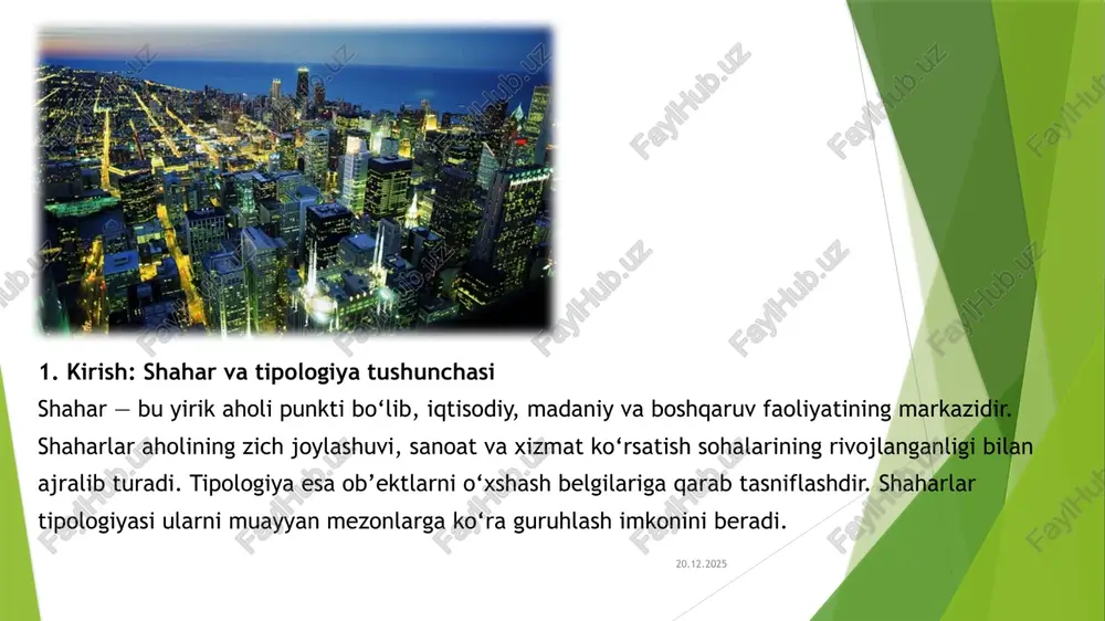 mamajonov a. “shaharshunoslik asoslari”. – toshkent: o‘zbekiston milliy universiteti nashriyoti, 2020. 2.qo‘chqorov r. “urbanizatsiya jarayonlari”. – toshkent: “fan” nashriyoti, 2018. 3.“o‘zbekiston milliy ensiklopediyasi”, 1–10 jildlar. 4.smith, d. urban geography. – routledge, 2015. 5.un-habitat. “the state of the world’s cities” (https://unhabitat.org) 6.davlat statistika qo‘mitasi ma’lumotlari (https://stat.uz) e’tiboringiz uchun rahmat! image1.jpeg image2.jpeg image3.png image4.png image5.jpeg image6.jpeg image7.jpeg image8.png image9.jpeg image10.jpeg image11.png image12.jpeg image13.png image14.png