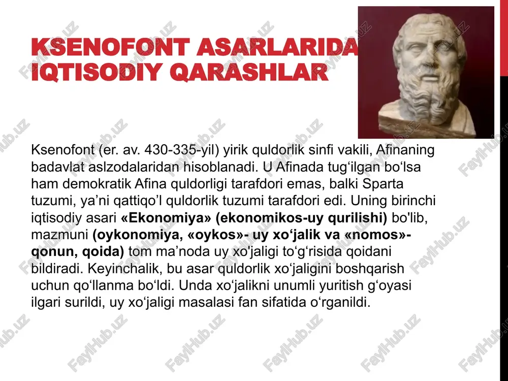 turlari ham rivojlanadi. agar dehqonchilik pasaysa, u holda uning bilan birga suv va quruqlikdagi barcha boshqa sanoat faoliyati tarmoqlari halok bo’ladi». ksenofont «daromadlar to’g’risida» asarida afina davlatining iqtisodiy holatini tahlil qilib uni yaxshilashning uch yo’lini tavsiya etadi: 1) xorijiy kishilardan olinadigan soliqni ko’paytirish, ularning afinaga kelishini rag’batlantirish; 2) kumush qazib olishni kengaytirish; 3) qullar savdosini tashkil etish. platon asarlarida iqtisodiy qarashlar platon (er. av. 427-347-yil ) ham afina shahrida tug'ilgan yirik aristokratiya vakili edi. u buyuk suqrotning shogirdi edi. u davlatning (yoki jamiyatning) ikki sxemasini taklif qiladi va ularni o‘zida aks ettirgan ikki asar yaratdi. bular «davlat» va «qonunlar» deb ataladi. uning sxemasida, birinchisi davlat qurilishining ideal loyihasi (ideal davlat) bo‘lsa, ikkinchisi esa u yashab turgan davrdagi davlat aks ettirilgan edi . u ideal davlat haqida yozib, bu davlat mehnat taqsimoti asosida tuziladi, ya’ni insonlar qobiliyatiga qarab, biri boshqaruvchi, biri bog‘lovchi, ish yurituvchi va yana biri esa dehqon va hunarmandlarga …
