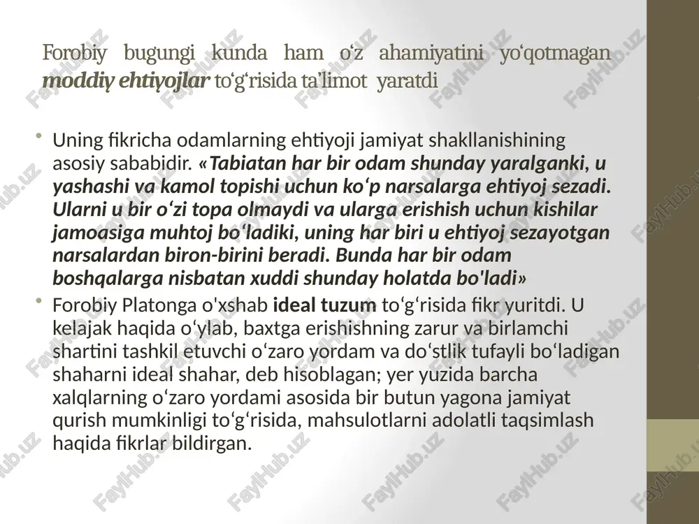 y teng taqsimlanishi kerakki, unda juda katta boylik va ashaddiy kambag‘allik bo‘lmasin; 3) barcha kishilar halol mehnat bilan shug‘ullanishi va halol savdo qilishi sababli urushadigan odamlar bo‘lmaydi va urushlar tugatiladi, davlatlar o‘rtasidagi siyosiy bahslar esa tinch yo‘l bilan hal etiladi; 4) ideal davlatda odamlarda hamma narsa muhayyo bo‘ladi, shuning uchun ular bir-biriga qarama-qarshi bo‘lmaydilar, quvnoq ashula va musiqani yaxshi ko‘radilar, uzoq vaqt qarimaydilar yusuf xos hojibning iqtisodiy fikrlari. atoqli davlat arbobi, ilk turkiy dostonnavis yusuf xos hojib 1020-yili qoraxoniylarning markaziy shaharlaridan biri bolasog‘unda tug‘ildi(olamdan o‘tgan yili noma’lum). bo‘lajak mutafakkir o‘z davridagi barcha bilimlarni, arab va forsiy tillardagi adabiyotlami puxta egallaydi. u 1069-1070-yillar orasida «qutadg‘u bilig» (qutga, ya’ni baxt-saodatga erishtiruvchi bilim) asarini turk tilida yozib, qoraxoniylar hukmdori tabg‘ochxon bug‘roxonga taqdim etadi. xon yusufga «xos hojib» (eshik og‘asi) degan martabani in’om etadi. bu falsafiy didaktik asarda markazlashgan davlat tuzish, uni mustahkamlash, nizo va adolatga barham berish kabi ma’muriy-xo‘jalik hamda ma’rifat, obodonchilik, moddiy-ma’naviy …