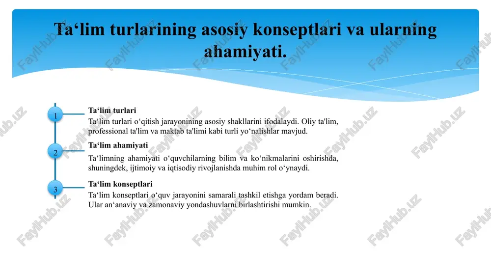 oblar va mustaqil ishlar orqali bilim beradilar, bu esa o‘quvchilarga ko‘proq yordam beradi. shaxsga yo‘naltirilgan ta‘lim: o‘quvchilarning individual ehtiyojlarini qondirish. 1 o‘quvchilarning ehtiyojlari har bir o‘quvchining o‘ziga xos ehtiyojlari bor. ularni aniqlash ta’lim jarayonining muvaffaqiyati uchun muhimdir, shunda har bir o‘quvchi o‘z maqsadlariga erishadi. 2 shaxsiy yondashuv shaxsga yo‘naltirilgan ta’limda har bir o‘quvchining individual xususiyatlariga mos ravishda o‘qitish usullari qo‘llaniladi, bu esa motivatsiyani oshiradi va samaradorlikni yaxshilaydi. 3 ijtimoiy ta'sir o‘quvchilarning individual ehtiyojlarini qondirish ijtimoiy muhitda ham muhim rol o‘ynaydi. bu, o‘zaro hamkorlik va o‘zaro tushunishni kuchaytiradi, ta’limni yanada samarali qiladi. o‘quv jarayonida shaxsiylashtirish: strategiyalar va metodlar. 1 o‘quv jarayonini shaxsiylashtirish o‘quv jarayonini shaxsiylashtirish, o‘quvchilarning individual ehtiyojlarini inobatga olgan holda ta'limni muvofiqlashtirish jarayonidir. 2 strategiyalar va metodlar o‘quv jarayonida shaxsiylashtirish uchun individual o‘quv rejalarini tuzish, qiziqishlarga mos materiallar tanlash va muammolarni hal etish metodlari qo‘llaniladi. 3 o‘quvchilarni jalb etish shaxsiylashtirilgan ta'lim o‘quvchilarni faol jalb etadi, o‘z qobiliyatlarini rivojlantirish imkonini beradi …