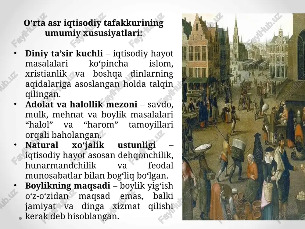 di; sudxo'rlik, poraxo'rlik kabi illatlar shar'iy jihatdan xarom ekanligi qayta qayta ta'kidlanadi. bugungi kunda bir qator davlatlar iqtisodiyotida islomiy moliya asosiy ustun yoki muhim segment sifatida faoliyat yuritmoqda. eron, sudan, pokiston – to‘liq islomiy iqtisodiy modelga yaqin. saudiya arabistoni, baa, quvayt, qatar, bahrayn, malayziya, indoneziya – islom moliyasining global markazlari. malayziya, indoneziya, turkiya, misr, iordaniya, marokash, tunis, nigeriya – islom moliyasi segment sifatida rivojlanayotgan davlatlar g‘arb davlatlari – islomiy moliyani xalqaro investitsiya vositasi sifatida qabul qilmoqda. al-g‘azzoliy al-g‘azzoliy (1058-1111-yillar), boshqa arab olimlari kabi jamiyatning falsafiy, ijtimoiy va iqtisodiy tomonlarini o‘z davrining ustuvor diniy e’tiqodlariga bog‘lagan asarlar yozgan. u o‘rta asrlar islom dunyosining eng yirik zakovat egalaridan biri hisoblanadi dastlabki vaqtlarda bir kishi bug‘doyni ekkan, o‘rgan va yanchgan, so‘ng xamir qilib non yopgan, vaholanki bu holat bir oilaning mehnati natijasi bo‘lishi mumkin. al-g‘azzoliy o‘z davrida bitta non mingta yoki undan ko‘proq ishchi mehnatining mahsuloti bo'lishi mumkinligini kuzatgan. kengayib borayotgan ixtisoslashuv va …