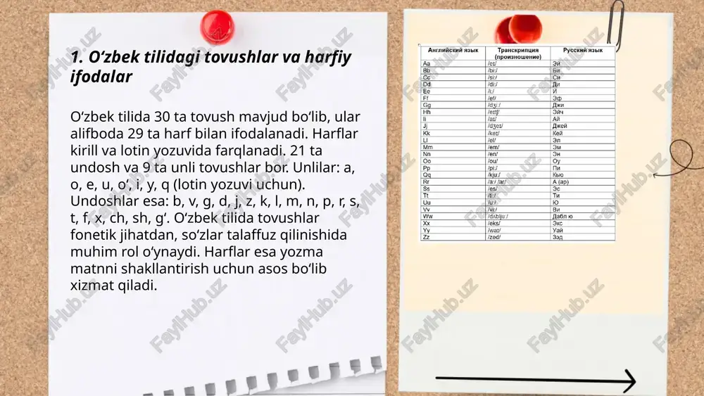 ing oʻzgarishi yoki almashtirilishini anglatadi. masalan, soʻz yasash yoki shakllantirishda tovushlarning oʻzgarishi, koʻpincha tillarda fonetik qonuniyatlar natijasida yuz beradi. misol tariqasida, "kitob" soʻzida oxirgi "b" tovushi koʻplikda "kitoblar" soʻzida yumshab "kitovlar" kabi talaffuz qilinishi mumkin. bunga yana nafaqat fonetik, balki grammatik oʻzgarishlar sabab boʻlishi mumkin. tovush oʻzgarishi koʻplab oʻzbekcha soʻzlar va shakllar yaratishda muhim ahamiyat kasb etadi. ... t.me/slaydai_bot oʻzbek tilida 'oʻ', 'gʻ' harflarining qoʻllanilishi juda muhimdir. 'oʻ' harfi odatda oʻzbek tiliga xos soʻzlarda qoʻllanadi, masalan, "oʻqituvchi", "koʻngil". 'gʻ' harfi esa koʻpincha koʻchma maʼnolarda yoki oʻziga xos soʻzlarda uchraydi, masalan, "gʻalaba", "gʻurur". ushbu harflar tilning imlo va fonetikasi uchun ajralmas boʻlib, ular toʻgʻri talaffuz va yozuv uchun muhimdir. bir qator chet tillardan olingan soʻzlarda ham bu harflar oʻz oʻrniga ega, oʻzbek tili boy va xilma-xil boʻlishida ishtirok etadi. oʻzbek tilining imlo qoidalari. ismatova nigina e'tiboringiz uchun raxmat! image1.jpeg image2.png image3.jpeg image4.jpeg image5.jpeg image6.jpeg image7.jpeg