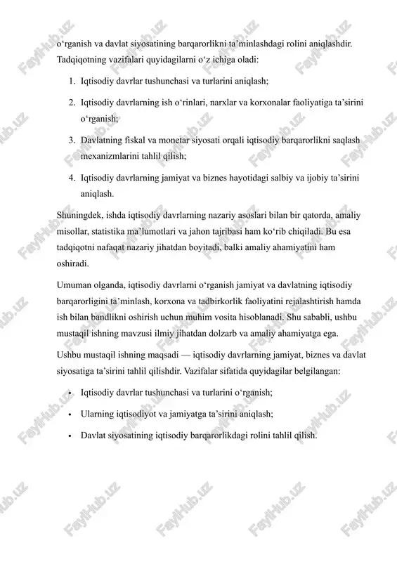 inflyatsiya yoki deflyatsiya yuzaga keladi. · inqiroz davri — iqtisodiyotda chuqur pasayish, ishsizlar sonining ko‘payishi, bankrotlik holatlari. iqtisodiy davrlar — bu makroiqtisodiyotda iqtisodiy faoliyatning o‘sish va pasayish davrlari bo‘lib, ularning davomiyligi, intensivligi va ta’siri turlicha bo‘ladi. iqtisodiy davrlarni tushunish uchun avvalo iqtisodiy sikl tushunchasini aniqlash zarur. iqtisodiy davrlar — bu makroiqtisodiyotdagi o‘sish va pasayish, ya’ni ishlab chiqarish, investitsiya, ish bilan bandlik va narxlar darajasidagi siklik o‘zgarishlarni ifodalovchi jarayonlardir. iqtisodiy davrlar tushunchasi iqtisodiyotning tabiiy siklini tasvirlashga xizmat qiladi va ularni o‘rganish davlat siyosati, moliya boshqaruvi va biznes rejalashtirish uchun muhim ahamiyatga ega. 1.1 iqtisodiy davrlarning asosiy xususiyatlari iqtisodiy davrlar quyidagi xususiyatlar bilan ajralib turadi: 1. siklik tabiati: iqtisodiy davrlar ma’lum bir vaqt oralig‘ida takrorlanadi. ularning uzunligi qisqa (bir necha oy) yoki uzoq (bir necha yillik) bo‘lishi mumkin. 2. har xil intensivlik: har bir davrning iqtisodiy o‘sish yoki pasayish tezligi farq qiladi. ba’zi davrlar chuqur inqiroz bilan ifodalanadi, boshqalari esa yumshoq pasayish …