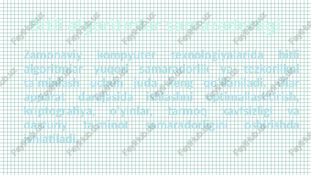 << 3 ifodani natijasini aniqlang. 4 << 3 ifodasi bitlarni chapga siljitish bitli operatsiyasini amalga oshiradi. 1-qadam: 4 ning binar ko'rinishini aniqlaymiz: 4 ni 10-lik (decimal) formatdan binar formatga o'tkazsak: 4 = 00000100 (binar formatda, 8 bitli). 2-qadam: bitlarni chapga siljitish: << 3 bu bitlarni 3 pozitsiyaga chapga siljitish degan ma'noni anglatadi. 00000100 << 3 natijasi: 00100000. 3-qadam: natijani 10-lik formatga o'tkazamiz: 00100000 binar soni 10-lik (decimal) formatda 32 ga teng. shunday qilib, 4 << 3 ning natijasi 32 bo'ladi. qo`llanish sohalari: kriptografiya: xor va and operatorlari axborot xavfsizligi algoritmlarida ishlatiladi. o'yin dasturlarida: tezkor hisoblash va fizika simulyatsiyalarida. robototexnika va iot: sensor ma'lumotlarini tahlil qilishda bit operatsiyalari samarali qo‘llaniladi. ma'lumotlar siqish: bitli kodlash va dekompressiya algoritmlarida. signallarni qayta ishlash: bitli transformatsiyalar orqali raqamli signallarni qayta ishlash. robototexnika va iot: sensor ma'lumotlarini tahlil qilishda bit operatsiyalari samarali hisoblash: bit operatsiyalari robototexnika va iot dasturlarida resurslarni tejash va tezkor hisoblash uchun juda …