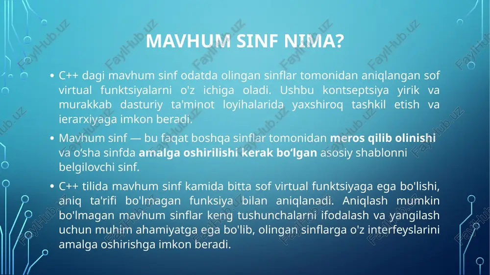 umkin, lekin hayvon mavhumdir. c++ tilidagi abstrakt sinflar ham xuddi shunday, shuning uchun biz ob'ektlarni yarata olmaymiz, lekin biz mavhum sinfning ko'rsatkichini yaratishimiz mumkin. xulosa xulosa qilib aytish mumkinki, abstrakt sinflar c++ dasturlashda asosiy tushuncha bo‘lib , olingan sinflar uchun umumiy interfeysni ta’minlash uchun ishlatiladi. mavhum sinf bir yoki bir nechta sof virtual funktsiyalarni o'z ichiga oladi, ular amalga oshirilmaydi, bu esa sinfning namunasini yaratishni imkonsiz qiladi. buning o'rniga, biz mavhum asosiy sinfdan meros bo'lib, sof virtual funktsiyalarni amalga oshirishni ta'minlaydigan aniq olingan sinfni yaratishimiz kerak. image2.png image3.png image4.png /docprops/thumbnail.jpeg