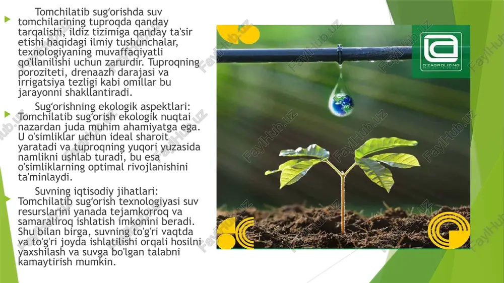 etish uchun zarur bo‘lgan asosiy qadamlar keltirilgan: 1. tuzilishi va loyihalashning boshlang‘ich bosqichi: bog‘ning o‘lchamini va landshaftini aniqlash: bog‘ning umumiy maydoni, yer tuzilishi, shuningdek, o‘simliklarning joylashuvi va turi aniqlanadi. o‘simliklarning suvga bo‘lgan ehtiyojini hisoblash: har bir mevali o‘simlik turining suvga bo‘lgan ehtiyoji, iqlim sharoitlari va yerning suv o'tkazuvchanligi hisobga olinadi. sug‘orishning rejalashtirilgan intervali: sug‘orishning qanday chastotada amalga oshirilishi va har bir sug‘orishda qancha suv kerakligi aniqlanadi. 2. tomchilatib sug‘orish tizimining tarkibi:suv manbai: tizimning ishlashi uchun suv manbai (buloq, irmoq, quduq, yoki suv ombori) aniqlanadi. suvning sifatini tekshirish zarur, chunki ba'zi suvlar tomchilatib tizimiga zarar yetkazishi mumkin. nasos: nasos tizimining quvvati va ishlash rejimi bog‘ning o‘lchami va suvning ehtiyojiga qarab tanlanadi. filtratsiya tizimi: suvni tozalash uchun filtrlar o‘rnatilishi kerak. suvda mavjud bo‘lgan zarrachalar, qum yoki alga o‘simliklar tomchilatib sug‘orish tizimini bloklashi mumkin, shuning uchun filtratsiya muhimdir. tarmoq quvurlari: suvni o‘simliklarga etkazish uchun turli o‘lchamdagi quvurlar, shuningdek, ularning joylashuvi rejalashtiriladi. bular odatda …