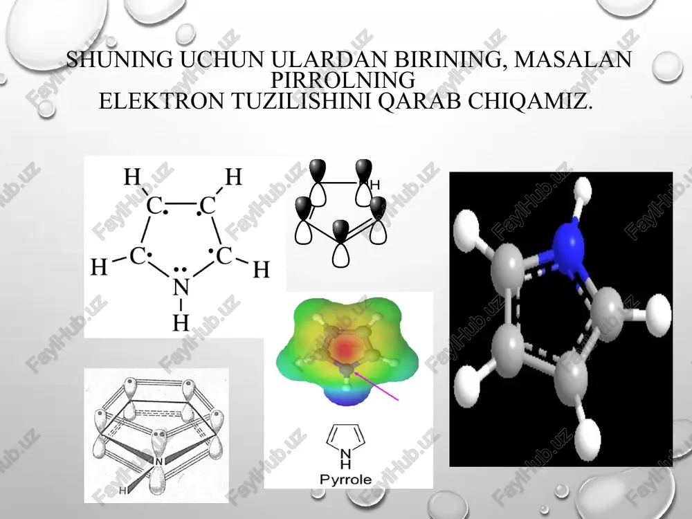 ishlatiladigan vositalar) olinadi. ayrim furan birikmalarining simobli va bisulfitli hosilalari begona o’tlarga qarshi kurashda ishlatiladi. furan qatorining bir necha nitrohosilalari kuchli bakteritsid ta‘siriga ega. furfurol surkov moylarini to’yinmagan va aromatik tabiatli qo'shimchalardan tozalashda, baliqlar jigaridan a vitaminini ekstraktsiya qilishda, erituvchi sifatida, shuningdek, furan qatori birikmalari, adipin kislota, geksametilendiamin va boshqa moddalarni olishda xomashyo sifatida ishlatiladi. tiofen va uning hosilalari tiofen 840c da qaynaydigan, benzol hidli, suvda erimaydigan rangsiz suyuqlik. olinish usullari 1. sanoatda tiofen butan va sulfit angidrid bug’ini katalizator (cr2o3 , mo2o3, v2o5) to’ldirilgan va 5500c gacha qizdirilgan naydan o’tkazish bilan olinadi: kimyoviy xossalari tiofen furandan farqli o’laroq havoda o’zgarmaydigan, kislotalar va oksidlovchilar ta‘siriga chidamli, xossalari jihatdan benzolga eng yaqin barqaror aromatik birikmadir. u elektrofil almashinish reaksiyalariga kirishish xususiyati jihatdan furan bilan benzol oralig’idagi holatni egallaydi. tiofen bu reaksiyalarga benzolga nisbatan bir necha marta tez kirishadi. u oson galogenlanadi. qo’llaniladigan xlorning miqdoriga qarab, mono-, di-, tri- va tetraxlortiofenlar aralashmasi …