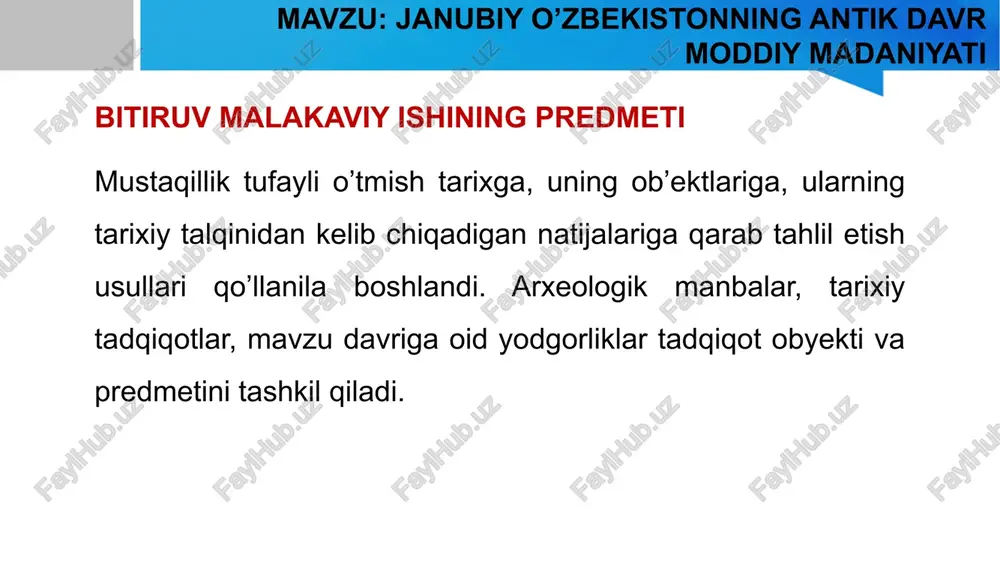 tning eng qadimgi ajdodlari makon tutgan zamin hamdir. 1.1 surxon vohasi antik davr moddiy madaniyati namunalari sopollitepa sopollitepa manzilgohi plani 1.1 surxon vohasi antik davr moddiy madaniyati namunalari sopollitepa jarqo’ton jarqo’ton jarqo’ton yodgorligi qabrlaridan topilgan sopol buyumlar jarqo’ton jarqo’ton kampirtepa kampirtepa kampirtepa - oks aleksandriyasi antik davr surxondaryo viloyatidagi tarixiy yodgorliklarni o’rganish bo’yicha bir necha bor arxeologik ekspeditsiyalar amalga oshirilgan. qoratepa, fayoztepa, dalvarzintepa kabi manzilgohlarda izlanish olib borgan tadqiqotchilarning ko’plab monografiya va tarixiy adabiyotlari mavjud. bunda o’zfa arxeologiya instituti otryadi, san’atshunoslik ekspeditsiyalari olib borgan tadqiqot natijasida ham ko’plab arxeologik materiallar qo’lga kiritildi. 1.2 surxondaryo hududida o’tkazilgan arxeologik tadqiqotlarda antik davr yodgorliklarining o’rganilishi i bob. antik davrda surxondaryo vohasida mavjud bo’lgan arxeologik yodgorliklar va o’tkazilgan arxeologik tadqiqotlar. qoratepa qoratepa qoratepa dalvarzintepa dalvarzintepa milodiy i-ii asrlar. milodiy ii-iii asrlar. fayoztepa ii bob. qashqadaryo viloyatida ochib o’rganilgan antik davr manzilgohlari tasnifi hamda hududda faoliyat olib borgan arxeologik ekspeditsiyalar. sirdaryo va amudaryo oralig’ida, zarafshon …