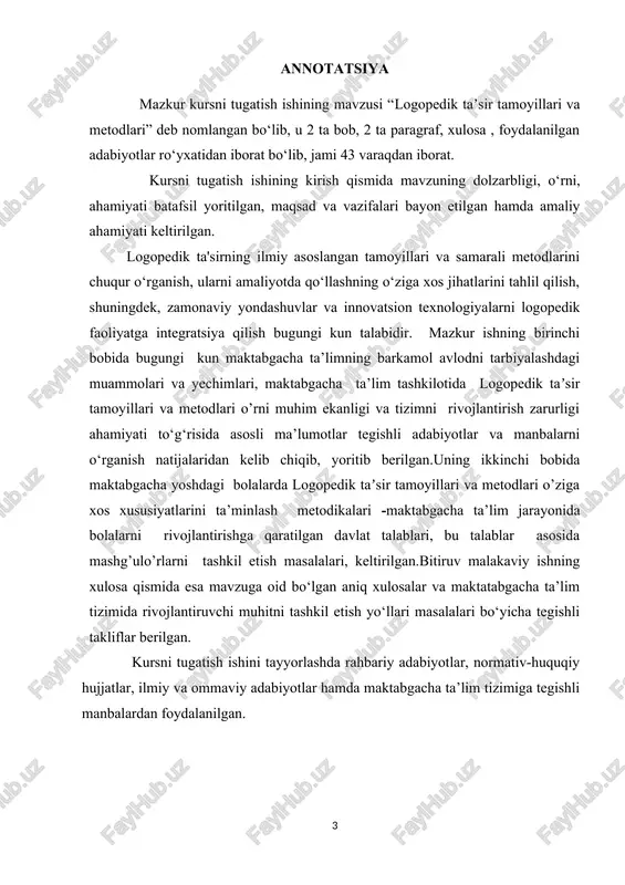 ulg‘ayishlari uchun bor kuch va imkoniyatlarimizni safarbar etishimiz kerak" kabi fikrlar davlatimiz siyosatining ustuvor yo‘nalishlarini belgilab beradi. shu nuqtai nazardan, nutqida nuqsoni bo‘lgan bolalarga o‘z vaqtida va malakali logopedik yordam ko‘rsatish, ularning jamiyatning to‘laqonli a'zosiga aylanishiga ko‘maklashish muhim ijtimoiy ahamiyat kasb etadi. logopedik ta'sirning ilmiy asoslangan tamoyillari va samarali metodlarini chuqur o‘rganish, ularni amaliyotda qo‘llashning o‘ziga xos jihatlarini tahlil qilish, shuningdek, zamonaviy yondashuvlar va innovatsion texnologiyalarni logopedik faoliyatga integratsiya qilish bugungi kun talabidir. bu esa, o‘z navbatida, logopediya sohasidagi mutaxassislarning kasbiy kompetentligini oshirishga hamda nutqiy nuqsonlarni bartaraf etish ishlarining samaradorligini ta'minlashga xizmat qiladi. ushbu kurs ishida logopedik ta'sirning asosiy tamoyillari va metodlarini tizimli o‘rganishga harakat qilinadi. kurs ishining obyekti. nutqiy nuqsonlarga ega bo‘lgan shaxslarga logopedik ta'sir ko‘rsatish jarayoni. kurs ishining predmeti. logopedik ta'sirning asosiy tamoyillari, metodlari va ularni nutqiy nuqsonlarni bartaraf etish amaliyotida qo‘llashning o‘ziga xos xususiyatlari. kurs ishining maqsadi. logopedik ta'sir ko‘rsatishning ilmiy-nazariy asoslarini, asosiy tamoyillari va zamonaviy metodlarini …