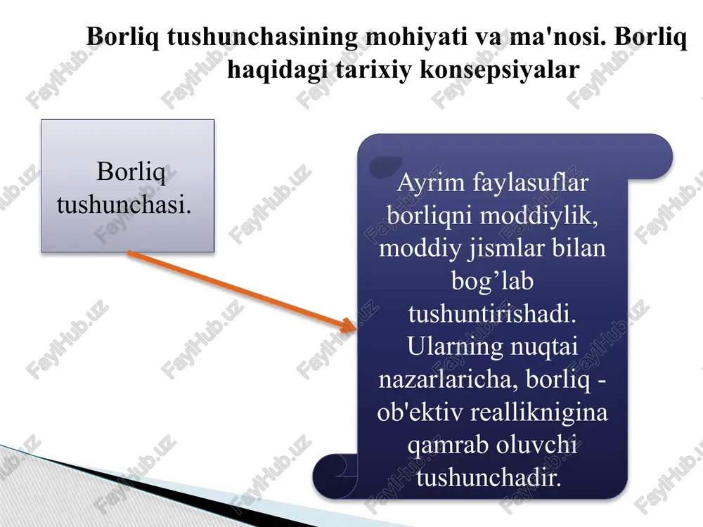 safiy tushunchadir. borliqning moddiy shakliga xos umumiylikni axtarishning uch yo’nalishi mavjud. birinchi yo'nalishi moddiy olamning asosida yotuvchi umumiy mohiyatni axtarish yo'li bo'lib, yuqorida qayd etganimizdek, substansiyani aniqlash yo'lidir. ikkinchi yo'l esa — moddiy olamning asosiy tarkibiga kiruvchi «qurilish elementlarini»- substratni axtarish yo'li. uchinchi yo'l — hamma narsaning vujudga keltiruvchi bosh sababchisini, ota moddani, ya'ni pramateriyani axtarish yo'li. materiya tushunchasi, uning xususiyatlari va namoyon bo'lish shakllari haqida zamonaviy qarashlar materiya tushunchasi moddiy unsurga nisbatan ham, atomga nisbatan ham, pramateriyaga nisbatan ham umumiyroq bo'lgan tushunchadir. materiya olamdagi barcha moddiy ob'ektlarni, butun ob'ektiv reallikni ifoda etuvchi eng umumiy tushunchadir. faylasuflar barcha moddiy ob'ektlarga xos xususiyatlarni umumiy tarzda ifodalash uchun qo'llaydigan tushuncha materiya deb ataladi. xx asrning o'rtalariga kelib, kvant mexanikasi, nisbiylik nazariyasi va hozirgi zamon kosmologiyasi sohalaridagi ilmiy yutuqlar kishilarning ob'ektiv olam haqidagi tasavvurlarini tubdan o'zgartirib yubordi. natijada, tabiatshunos olimlar sezgilarimizga bevosita ta'sir etishining imkoni bo'lmaydigan realliklar haqida ham tadqiqotlar olib bora boshladi. …