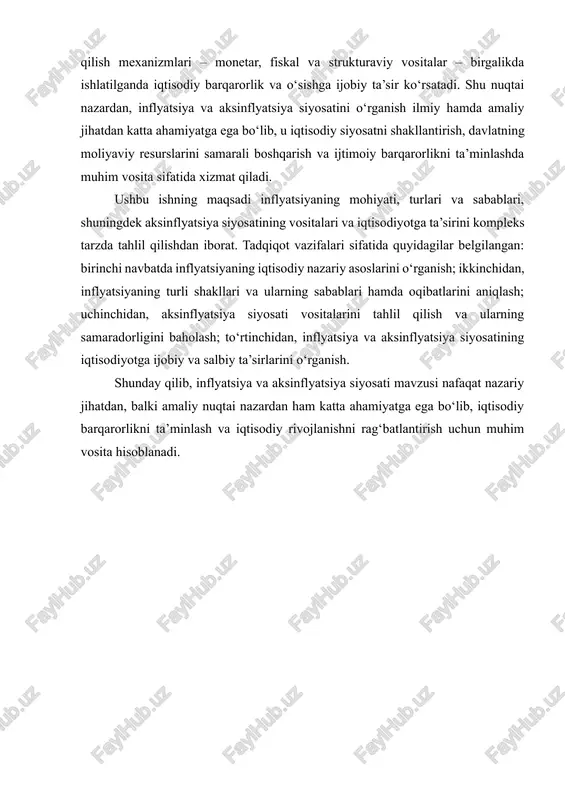 narxlar darajasining uzoq muddatli va umumiy oshishi bilan xarakterlanuvchi jarayon bo‘lib, pulning real qiymatining pasayishiga olib keladi. inflyatsiya nafaqat narxlar oshishi, balki iqtisodiy tizimning ichki va tashqi muvozanatiga bevosita ta’sir qiladi. bu iqtisodiy fenomen ko‘plab nazariy va amaliy tadqiqotlarda markaziy mavzu sifatida ko‘riladi, chunki u davlatning moliya siyosati, pul-kredit siyosati, aholi daromadi va jamiyatning ijtimoiy barqarorligiga ta’sir qiladi. inflyatsiya darajasi iqtisodiyotning o‘sish sur’ati bilan bevosita bog‘liq bo‘lib, u me’yoriy va yuqori darajada bo‘lishi mumkin. me’yoriy inflyatsiya iqtisodiyotning sog‘lom rivojlanish jarayoni sifatida qabul qilinadi, chunki u ishlab chiqarishni rag‘batlantiradi va investitsion faollikni oshiradi. shu bilan birga, yuqori inflyatsiya darajasi pulning xarid qobiliyatini pasaytiradi, jamg‘armalarning qiymatini yo‘q qiladi, byudjet va korporativ rejalashtirishni murakkablashtiradi. 1.2. inflyatsiyaning turlari inflyatsiya bir necha mezonlar bo‘yicha tasniflanadi. eng asosiy turlari quyidagilardan iborat: 1. talab inflyatsiyasi (demand-pull inflation) talab inflyatsiyasi iqtisodiyotdagi umumiy talabning taklifdan oshishi natijasida yuzaga keladi. bu holat odatda iqtisodiy o‘sish davrida kuzatiladi, aholining daromadi oshadi, …