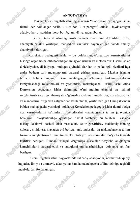 vazifamizdir” degan fikrlari bolalarning ta’lim va tarbiyasida korrigatsion pedagogik ishlarida keng yondashuvni taqozo etadi. ushbu kurs ishining dolzarbligi shundaki, madaniyat va ta’lim tizimida korreksion ishlarni samarali olib borish, muammoli bolalarga ta’lim berishda yangicha pedagogik metodlar va yo‘nalishlardan foydalanishni talab qiladi. zamonaviy pedagogika korreksion metodlar, uslublar va modeliyalashni innovatsion yondashuvlar bilan boyitishni maqsad qilinadi. shunday qilib, korreksion pedagogik ishlar tizimi ham o‘quv jarayonida, ham jamiyatda muhim ahamiyatga ega bo‘lib qolmoqda. kurs ishining dolzarbligi. korreksion pedagogik ishlar tizimi bugungi kunda jamiyat hayotining turli jabhalari bilan bevosita bog‘liq. fikr va hissiyotlarni o'z vaqtida belgilash va tarbiyalash, bola sog‘lig‘ini qayta tiklash, ularning psixologik salomatligini yuksaltirish, ta’lim olishlari uchun to‘g‘ri shart-sharoitlar yaratish juda muhim ahamiyatga ega. korreksion pedagogik ishlar tizimini o‘rganish va tatbiq etishda muayyan qiyinchiliklar, jumladan, malakali mutaxassislarning yetishmasligi, zaruriy tayyorgarlikning mavjud emasligi kabi muammolarni bartaraf etish zarurati paydo bo‘lmoqda. bundan tashqari, bolalarda psixologik rivojlanishdagi uzilishlar hayotda ularning mustaqil bo‘lishlari, ijtimoiy integratsiya jarayonida qiyinchiliklar …