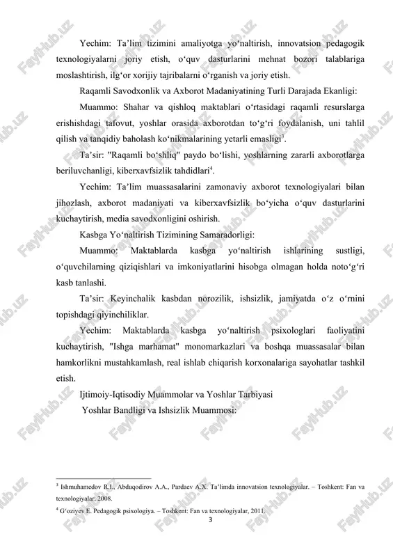 ammolar va yoshlar tarbiyasi yoshlar bandligi va ishsizlik muammosi: muammo: oliy taʼlim tizimi bitiruvchilarining mehnat bozoriga moslashuvidagi qiyinchiliklar, bandlikni taʼminlash boʻyicha amaliy mexanizmlarning yetarli emasligi[footnoteref:5]. [5: mavlonova r.a., toʻrayeva o., xoliqberdiyev k. pedagogika. – toshkent: fan va texnologiya, 2007.] taʼsir: yoshlar orasida umidsizlik, norealistik kutishlar, salbiy ijtimoiy xatti-harakatlarga moyillik (migratsiya, norasmiy bandlik). yechim: taʼlim va ishlab chiqarish integratsiyasini kuchaytirish, yoshlar tadbirkorligini har tomonlama qoʻllab-quvvatlash, startap loyihalarini moliyalashtirish, kasb-hunar taʼlimi tizimini modernizatsiya qilish[footnoteref:6]. [6: vigotskiy l.s. psixologiya razvitiya cheloveka. – moskva: eksmo, 2005] ijtimoiy qatlamlanish va tengsizlik: muammo: aholining turli qatlamlari oʻrtasida daromadlar tafovutining saqlanib qolishi, bu esa sifatli taʼlim, sogʻliqni saqlash va ijtimoiy imkoniyatlarga erishishda tengsizlikni yuzaga keltiradi. taʼsir: yoshlar orasida adolatsizlik hissiyoti, ijtimoiy norozilik, agressiya. yechim: ijtimoiy adolat tamoyillarini mustahkamlash, ijtimoiy himoya tizimini takomillashtirish, barcha yoshlar uchun sifatli taʼlim va sogʻliqni saqlash xizmatlariga teng imkoniyat yaratish. korruptsiya va byurokratiya: muammo: jamiyatdagi korruptsiya holatlari va byurokratik toʻsiqlar yoshlarning adolatga boʻlgan …