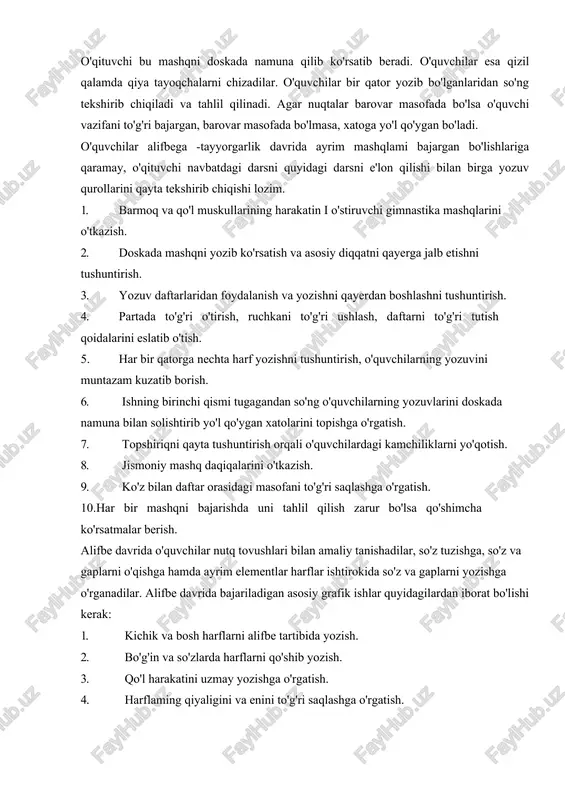 tish. 4. harflaming qiyaligini va enini to'g'ri saqlashga o'rgatish. o'qituvchilar ayrim harflaming elementini noto'g'ri yozayotgan o'quvchilarga shu elementni to'g'ri yozilishini ko'rsatib berishi lozim. bu davrda o'quvchilarda harflarni to'liq yozmaslik yoki almashtirish yozish kabi xatolami aniqlash mumkin. alifbedan keyingi davrda chiroyli yozuv darslarini tashkil etish. yuqoriga ko'rdatib o'tilganidek, o'quv yilining iv choragidan boshlab haftada bir marta husnixat uchun alohida dars soati ajratiladi. bu davr bolalarning yozuv malakalari shakllanishida muhim rol o'ynaydi, chunki husnnixat mashqlari ona tili darslari bilan bir vaqtda olib boriladi. ammo alifbedan keyingi davrda yozuvga o'rgatish sharoiti biroz o'zgaradi chunki, o'quvchilar endi yozuv daftariga emas balki oddiy ikki chiziqli daftarga yozib mashq qiladilar. ular endi ko'proq o'qituvchi tomonidan ko'rsatilgan yozuvga tayanadilar. bu davrda chiroyli yozuv darslarining rejasini quyidagicha tuzish mumkin: birinchi dars. kichik va katta i e, sh, sh, l,l ,m, m harflarini taqqoslab yozish, shu harflar ishtirokida so'z va bo'g'inlarini yozish. ikkinchi dars. kichik k, q, ch, v …