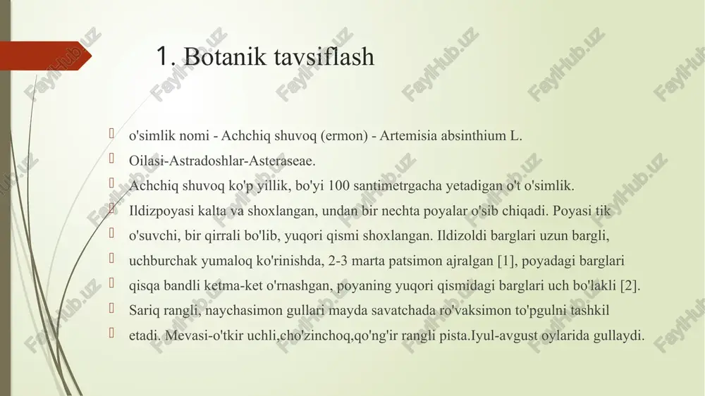 ib olish mumkin efir moyining tarkibida thujone, absintin, anabsintin, fenol birikmalari mavjud 🔹 fotosurat yoki diagramma tavsiyasi (prezentatsiya uchun): o‘simlikning umumiy ko‘rinishi (butun tanasi) bargning yaqin ko‘rinishi guli va infloresensiyasi anatomik tuzilma (efir moyi bezlari) 🔹 kimyoviy tarkibini o'rganish achchiq shuvoq o'simligining kimyoviy tarkibini o'rganish shuni ko'rsatdiki, achchiq shuvoqning o'simlik xomashyosi seskviterpenoidlar xosilalari (absintin, anabsintin, artamarin, artamaridin, artamiridinin, artabsin, artabin, matrisin, anabsin, absintolid, izoabsintin, a,b,c,d artabsintolidlar)larni o'zida saqlaydi [5]. bu moddalarning sifat va son ko'rsatkichlari o'simlikning qaysi organida joylashganligiga va vegetasiya fazasiga qarab o'zgaruvchan bo'ladi [1]. efir moylari (0,12-0,8%) [6,7], tarkibida kadinen, tuyon, xamazulen, s-gvayazulen, ketopelenolid a, ketopelenolid b, gidroksiketopelenolid a, b-kariofillen, u-selinen, bizabolenlarni saqlovchi [8,9], 2- metil-6-metilenil-10-p-tolilundesen-2, 2-metil-6-metelinil-10p-tolilundekan, mirsen, a-pinen, tuyil spirti, nerol, tuyilasetat kabi moddalarni saqlayd shuvoq bargi davomi …. achchiq shuvoq o'simligida efir moyining maksimal kontsentrasiyasi gullash davriga to'g'ri kelsa, barglarida gullagunga qadar eng yuqori miqdorda bo'ladi [10]. shuningdek, achchiq shuvoqda polisaxaridlar, saponinlar, flavonoidlar (artemitin, kversetin, kempferol, …