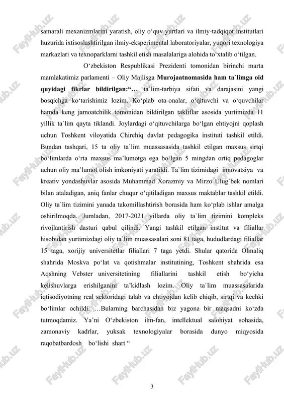 omonidan bildirilgan takliflar asosida yurtimizda 11 yillik ta`lim qayta tiklandi. joylardagi o‘qituvchilarga bo‘lgan ehtiyojni qoplash uchun toshkent viloyatida chirchiq davlat pedagogika instituti tashkil etildi. bundan tashqari, 15 ta oliy ta`lim muassasasida tashkil etilgan maxsus sirtqi bo‘limlarda o‘rta maxsus ma’lumotga ega bo‘lgan 5 mingdan ortiq pedagoglar uchun oliy ma’lumot olish imkoniyati yaratildi. ta`lim tizimidagi innovatsiya va kreativ yondashuvlar asosida muhammad xorazmiy va mirzo ulug`bek nomlari bilan ataladigan, aniq fanlar chuqur o‘qitiladigan maxsus maktablar tashkil etildi. oliy ta`lim tizimini yanada takomillashtirish borasida ham ko‘plab ishlar amalga oshirilmoqda. jumladan, 2017-2021 yillarda oliy ta`lim tizimini kompleks rivojlantirish dasturi qabul qilindi. yangi tashkil etilgan institut va filiallar hisobidan yurtimizdagi oliy ta`lim muassasalari soni 81 taga, hududlardagi filiallar 15 taga, xorijiy universitetlar filiallari 7 taga yetdi. shular qatorida olmaliq shahrida moskva po‘lat va qotishmalar institutining, toshkent shahrida esa aqshning vebster universitetining filiallarini tashkil etish bo‘yicha kelishuvlarga erishilganini ta’kidlash lozim. oliy ta`lim muassasalarida iqtisodiyotning real sektoridagi talab …