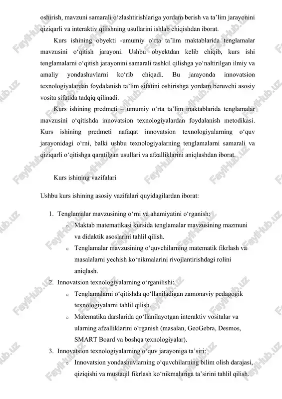 alarni o‘qitishda qo‘llaniladigan zamonaviy pedagogik texnologiyalarni tahlil qilish. · matematika darslarida qo‘llanilayotgan interaktiv vositalar va ularning afzalliklarini o‘rganish (masalan, geogebra, desmos, smart board va boshqa texnologiyalar). 3. innovatsion texnologiyalarning o‘quv jarayoniga ta’siri: · innovatsion yondashuvlarning o‘quvchilarning bilim olish darajasi, qiziqishi va mustaqil fikrlash ko‘nikmalariga ta’sirini tahlil qilish. · an’anaviy va zamonaviy usullarning samaradorligini solishtirish. 4. o‘quvchilarning faoliyatini rivojlantirish usullari: · tenglamalar mavzusini o‘qitishda o‘yinlashtirish, muammoli ta’lim va boshqa interaktiv metodlardan foydalanish yo‘llarini aniqlash. · o‘quvchilarning ijodkorligini rivojlantirish uchun zamonaviy ta’lim vositalarini qo‘llash bo‘yicha tavsiyalar ishlab chiqish. bu vazifalar orqali kurs ishi tenglamalar mavzusini o‘qitishda nafaqat nazariy, balki amaliy yondashuvlarni ishlab chiqishni ko‘zda tutadi va ta’lim jarayonini yanada samarali qilishga qaratiladi. kurs ishining tuzilishi (tarkibi): kurs ishi kirish, asosiy qism, (2 ta bob) 4 ta paragraf, xulosa va foydalanilgan adabiyotlar ro`yxatidan iborat. i bob. maktab matematika kursida tenglama mavzusini o‘qitilishi 1.1. tenglamalarni o‘qitish nazariyasining asosiy jihatlari 1. tenglama tushunchasining nazariy asoslari …