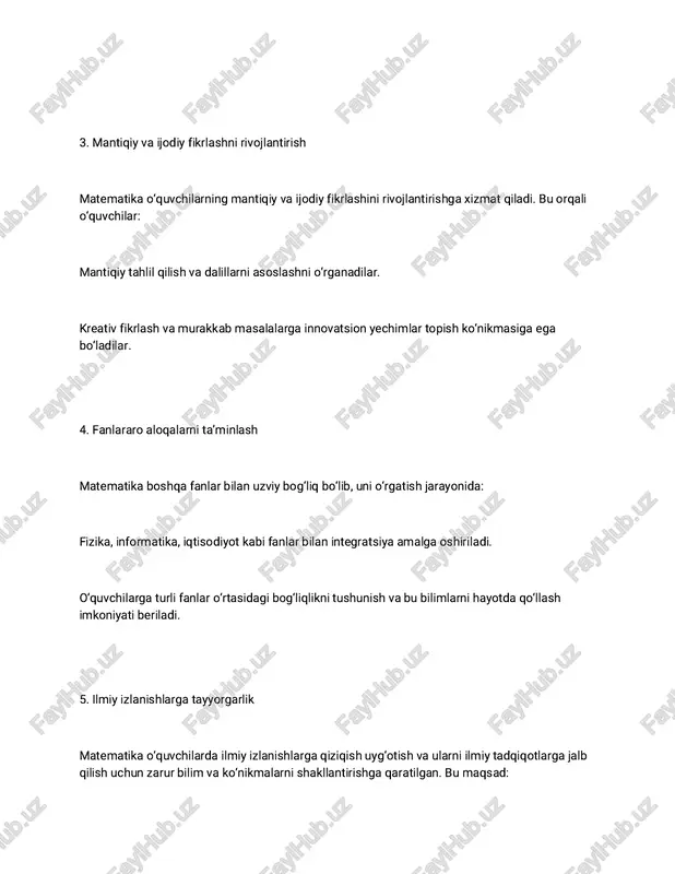 iyatga ega bo‘lib, o‘quvchilarning intellektual va kasbiy rivojlanishiga xizmat qiladi. akademik litseylarda matematika o‘qitishning vazifasi akademik litseylarda matematika o‘qitishning vazifasi o‘quvchilarning matematik bilim va ko‘nikmalarini rivojlantirish, ularning mantiqiy fikrlash qobiliyatlarini shakllantirish, va keyingi ta’lim bosqichlariga tayyorgarlik ko‘rishda muhim ahamiyatga ega. quyida ushbu vazifalarning to‘liq tavsifi keltiriladi: --- 1. matematik bilimlarni rivojlantirish va tizimlashtirish akademik litseylarda matematika o‘quvchilarga nazariy bilimlarni tizimli va mukammal tarzda o‘rgatishga xizmat qiladi. ushbu vazifa quyidagilarni qamrab oladi: matematikaning asosiy bo‘limlari (algebra, geometriya, matematik analiz) bo‘yicha chuqur bilim berish. matematik tushunchalarni izchil o‘rgatish va ularni amaliyotda qo‘llash ko‘nikmasini rivojlantirish. 2. amaliy masalalarni hal qilish ko‘nikmalarini shakllantirish matematikani o‘qitishdan maqsad o‘quvchilarda turli sohalarda uchraydigan amaliy masalalarni hal qilish qobiliyatini shakllantirishdan iborat. bu vazifada quyidagilarga e’tibor qaratiladi: o‘quvchilarga masalalarni tahlil qilish va yechish strategiyalarini o‘rgatish. matematik modellarni yaratish va ulardan real muammolarni hal qilishda foydalanish. 3. mantiqiy va analitik fikrlashni rivojlantirish matematika o‘qitish orqali o‘quvchilarni mantiqiy, tahliliy va ijodiy …