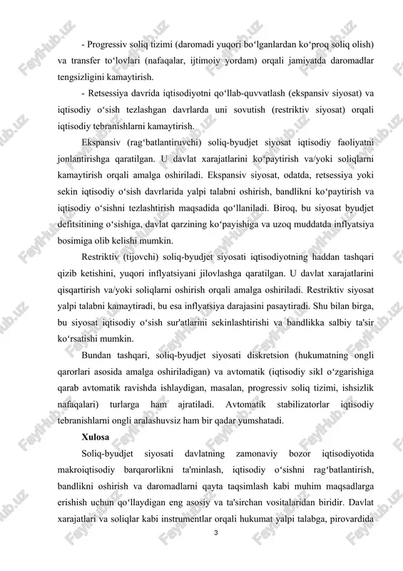 oshirish. - progressiv soliq tizimi (daromadi yuqori boʻlganlardan koʻproq soliq olish) va transfer toʻlovlari (nafaqalar, ijtimoiy yordam) orqali jamiyatda daromadlar tengsizligini kamaytirish. - retsessiya davrida iqtisodiyotni qoʻllab-quvvatlash (ekspansiv siyosat) va iqtisodiy oʻsish tezlashgan davrlarda uni sovutish (restriktiv siyosat) orqali iqtisodiy tebranishlarni kamaytirish. ekspansiv (ragʻbatlantiruvshi) soliq-byudjet siyosat iqtisodiy faoliyatni jonlantirishga qaratilgan. u davlat xarajatlarini koʻpaytirish va/yoki soliqlarni kamaytirish orqali amalga oshiriladi. ekspansiv siyosat, odatda, retsessiya yoki sekin iqtisodiy oʻsish davrlarida yalpi talabni oshirish, bandlikni koʻpaytirish va iqtisodiy oʻsishni tezlashtirish maqsadida qoʻllaniladi. biroq, bu siyosat byudjet defitsitining oʻsishiga, davlat qarzining koʻpayishiga va uzoq muddatda inflyatsiya bosimiga olib kelishi mumkin. restriktiv (tijovshi) soliq-byudjet siyosati iqtisodiyotning haddan tashqari qizib ketishini, yuqori inflyatsiyani jilovlashga qaratilgan. u davlat xarajatlarini qisqartirish va/yoki soliqlarni oshirish orqali amalga oshiriladi. restriktiv siyosat yalpi talabni kamaytiradi, bu esa inflyatsiya darajasini pasaytiradi. shu bilan birga, bu siyosat iqtisodiy oʻsish sur'atlarini sekinlashtirishi va bandlikka salbiy ta'sir koʻrsatishi mumkin. bundan tashqari, soliq-byudjet siyosati diskretsion …