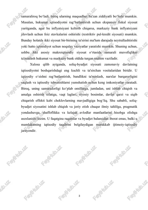 n kredit olish qimmatlashadi va ular oʻz investitsiya loyihalarini qisqartirishga majbur boʻladi. shunday qilib, davlat xarajatlarining oʻsishi xususiy investitsiyalarni "siqib chiqarishi" mumkin. soliq-byudjet siyosati pul-kredit siyosati (markaziy bank tomonidan amalga oshiriladigan) bilan chambarchas bogʻliq. bu ikki siyosat birgalikda ishlaganda samaraliroq boʻladi, biroq ularning maqsadlari ba'zan ziddiyatli boʻlishi mumkin. masalan, hukumat iqtisodiyotni ragʻbatlantirish uchun ekspansiv fiskal siyosat yuritganda, agar bu inflyatsiyani keltirib chiqarsa, markaziy bank inflyatsiyani jilovlash uchun foiz stavkalarini oshirishi (restriktiv pul-kredit siyosati) mumkin. bunday holatda ikki siyosat bir-birining ta'sirini ma'lum darajada neytrallashtirishi yoki hatto iqtisodiyot uchun noqulay vaziyatlar yaratishi mumkin. shuning uchun, ushbu ikki asosiy makroiqtisodiy siyosat oʻrtasida samarali muvofiqlikni ta'minlash hukumat va markaziy bank oldida turgan muhim vazifadir. xulosa qilib aytganda, soliq-byudjet siyosati zamonaviy davlatning iqtisodiyotni boshqarishdagi eng kuchli va ta'sirchan vositalaridan biridir. u iqtisodiy oʻsishni ragʻbatlantirish, bandlikni ta'minlash, narxlar barqarorligini saqlash va iqtisodiy tebranishlarni yumshatish uchun keng imkoniyatlar yaratadi. biroq, uning samaradorligi koʻplab omillarga, jumladan, uni ishlab …