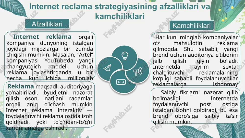 iliklar, chegirmalar yoki shaxsiy takliflarni yuborish strategiyasi. u mijoz bilan uzoq muddatli aloqani saqlashga yordam beradi. 📌 arzon va tejamkor bepul yoki juda kam xarajat bilan amalga oshiriladi. to‘g‘ridan-to‘g‘ri aloqa xabar to‘g‘ridan-to‘g‘ri mijozning emailiga boradi. (pay-per-click) reklama strategiyasi marketing strategiyasi ijtimoiy tarmoqlarda mashhur shaxslar (influencerlar, bloggerlar, kontent yaratuvchilar) orqali mahsulot yoki xizmatni reklama qilish strategiyasidir. asosiy maqsad: brendni tanitish foydalanuvchi ishonchini oshirish; sotuv yoki xizmatlarga talabni ko‘paytirish. 📌 afzalligi: brend obro‘sini oshiradi mashhur inson bilan hamkorlik brendga nufuz qo‘shadi. 5. influencer marketing strategiyasi o‘zbekiston sharoitida internet reklama strategiyalarini rivojlantirish istiqbollari subtitle teaching analysis reklama tizimlari foydalanuvchi xatti-harakatini tahlil qilib, shaxsga mos reklama ko‘rsatadi. 📌 misol: “google ads smart campaigns” foydalanuvchining qidiruv tarixiga qarab mahsulot tavsiya qiladi. sun’iy intellekt (ai) asosidagi reklama tizimlari lorem ipsum dolor sit amet, consectetuer adipiscing elit. aenean commodo ligula eget dolor. subtitle lorem ipsum dolor sit amet, consectetuer adipiscing elit. aenean commodo ligula eget dolor. subtitle …