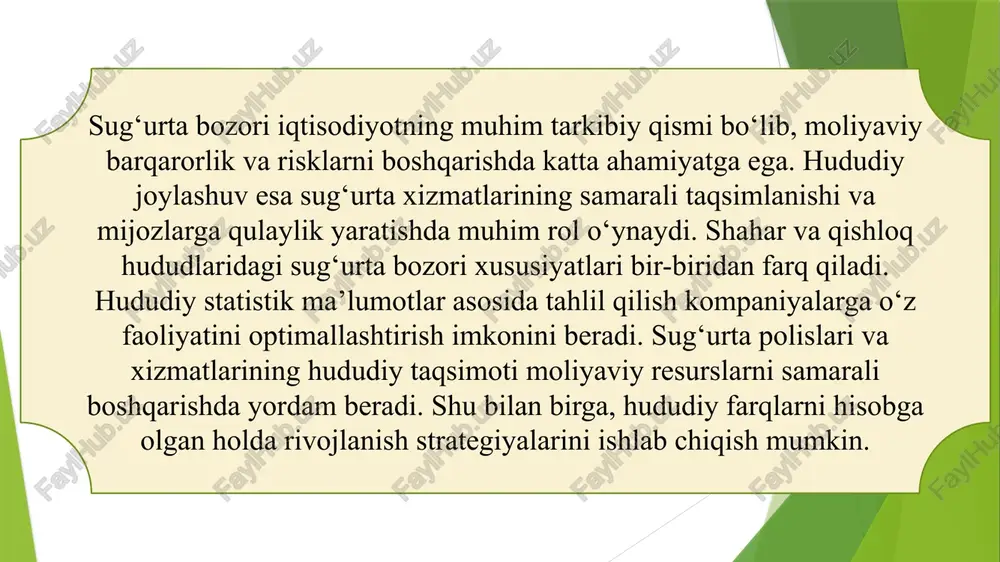 diy va tushunarli shaklga keltirish. moliyaviy: sug‘urta summalari kam → real ehtiyojga mos ravishda oshirish. axborot: fuqarolar xabardor emas → targ‘ibot va tushuntirish ishlarini kuchaytirish. sug‘urta hodisasining ehtimolligi nima uchun muhim hisoblanadi? a) moliyaviy barqarorlikni ta’minlash uchun b) faqat nazariy tahlil uchun c) mijozlarni qiziqtirish uchun d) soliq to‘lashni kamaytirish uchun kutilayotgan sug‘urta qoplamasi hajmi nima aniqlashga yordam beradi? a) kompaniyaning marketing strategiyasini b) kelajakdagi moliyaviy majburiyatlarni c) faqat statistika o‘tkazishni d) yillik daromadni oshirishni ehtimollikni aniqlash jarayonida eng ko‘p nimalardan foydalaniladi? a) tarixiy zararlar va hodisalar b) faqat shaxsiy fikrlar c) mijozning xohishi d) bankning qarzlari sug‘urta polislari shartlarini soddalashtirish nimaga yordam beradi? a) mijozlar tushunchasini yaxshilashga b) kompaniyaning xarajatini oshirishga c) soliq miqdorini kamaytirishga d) faqat marketingga kutilayotgan qoplama hajmini prognoz qilish uchun nima qo‘llaniladi? a) statistik ma’lumotlar va dasturiy ta’minot b) faoliyatga bog‘liq yangiliklar c) faqat nazariy bilimlar d) ijtimoiy so‘rovlar sug‘urta kompaniyasi risklarni boshqarishda nima qilishi …