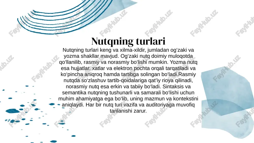 ilarli darajada yaxshilashingiz mumkin. tinglash va tushunish samarali muloqot nafaqat aniq gapirish, balki faol tinglashni ham o‘z ichiga oladi. tinglovchilarning fikrlarini diqqat bilan qabul qilish va to‘g‘ri tushunish muloqot jarayonini yanada samarali qiladi. faol tinglash kommunikasiyaning asosi bo‘lib, tinglovchining ehtiyoj va nuqtai nazarini anglashga yordam beradi. ushbu ko‘nikma nutq so‘zlashuvining sifatini oshirib, o‘zaro hurmat va ishonchni mustahkamlaydi. shu tariqa muloqot jarayoni yanada samarali kechadi. savollar berish san’ati savollar berish san’ati nutqni yanada samarali va interaktiv qilishda muhim rol o‘ynaydi. ochiq va yopiq savollar yordamida tinglovchilarning fikrlarini aniqlash va mavzuni chuqurroq anglash imkoniyati yaratiladi. to‘g‘ri berilgan savollar tinglovchilar bilan aloqani mustahkamlab, ularning jalb qilinishini oshiradi. bu ko‘nikma nutq jarayonida muloqotni jonlantiradi va auditoriya bilan samarali kommunikatsiyani ta’minlaydi. savollar berish nutqning asosiy vositalaridan biridir. feedback olish va bunga javob berish nutqdan keyin feedback olisho‘z nutqingizni baholash va takomillashtirishda muhim ahamiyatga ega. ijobiy va tanqidiy fikrlarni ochiq qabul qilib, ularni o‘rganish orqali nutq …