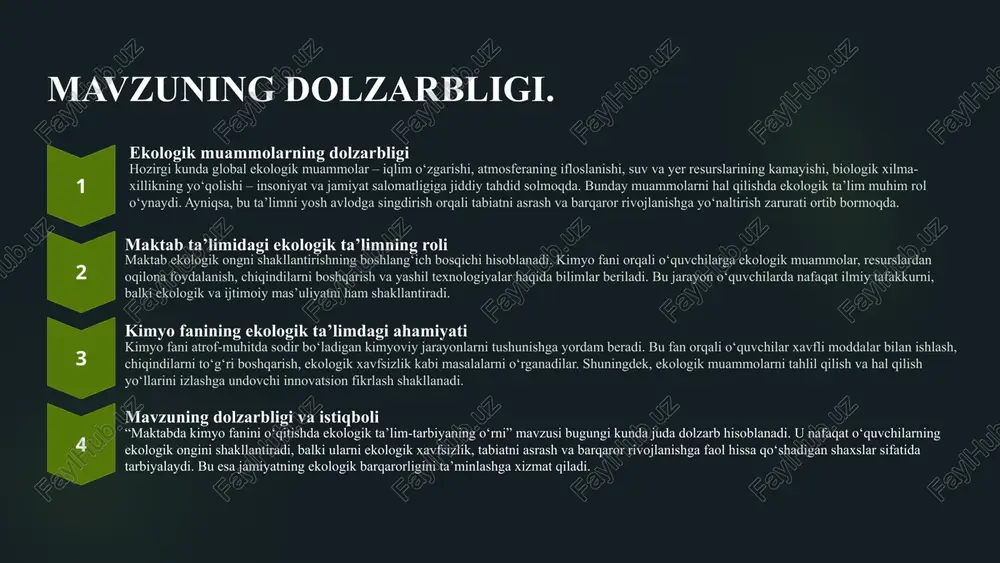 kimyo fanini ekologik jihatdan o‘rganish: tajribalar orqali ekologik bilimlarni shakllantirish: atrof-muhitni muhofaza qilish va ekologik madaniyatni rivojlantirish: kimyo laboratoriyalarida ekologik xavfsizlikni ta’minlash va ekologik jihatdan xavfsiz tajribalarni o‘tkazish, o‘quvchilarga chiqindilarni to‘g‘ri utilizatsiya qilish va resurslarni tejash bo‘yicha amaliy ko‘nikmalarni berish. kimyo fanini o‘qitishda ekologik madaniyatni shakllantirish, ya'ni o‘quvchilarga atrof-muhitni himoya qilish va barqaror yashash tarzini qabul qilishni o‘rgatish. 4 himoyaga quyidagilar olib chiqiladi: ishning ilmiy yangiligi: umumiy o‘rta ta’lim maktablarida «maktabda kimyo fanini o‘qitishda ekologik ta’lim-tarbiya» mavzularini o’qitishning o‘ziga xos tomonlari, mavjud muammolar o‘rganilib, ularni uslubiy jihatdan t o‘g’ri hal etishda noan’anaviy va interfaol darslarning senariylari ishlab chiqildi. ishning amaliy ahamiyati: ishlab chiqilgan metodik tavsiyalar o’quvchilarning «maktabda kimyo fanini o‘qitishda ekologik ta’lim-tarbiya» mavzularini chuqur o’zlashtirishlariga yordam beradi va ularning kimyo fanidan bilim olishga bo’lgan qiziqishini oshiradi. bitiruv malakaviy ish materiallaridan maktab kimyo o’qituvchilari o’z faoliyatlarida foydalanishlari mumkin. bitiruv malakaviy ish kirish, 2 ta bob, xulosa va foydalanilgan adabiyotlar ro’yxatidav tashkil …