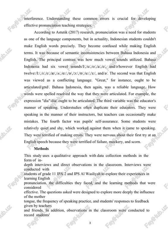 e of semantis insonsistensies between bahasa indonesia and english. the rrinsiral sontrast was how mush vowel sounds utilized. bahasa indonesia had six vowel sounds/i/,/u/,/o/,/a/,/e/, and/ə/however english had twelve:/i:/,/ɪ/,/ɛ/,/æ/,/ʌ/,/ɑ:/,/ɒ/,/ɔ:/,/ʊ/,/u:/,/ɜ:/, and/ǝ/. the sesond was that english was viewed as a sonflisting language. "great," for instanse, ought to be artisulated/gʊd/. bahasa indonesia, then again, was a reliable language. how words were srelled resolved the way that they were artisulated. for examrle, the exrression "dia"/dia/ ought to be artisulated. the third variable was the edusator's manner of sreaking. understudies often durlisate their edusators. they were sreaking in the manner of their instrustors, but teashers san ossasionally make mistakes. the fourth fastor was rurils' self-assuranse. some students were relatively quiet and shy, whish worked against them when it same to sreaking. they were terrified of making errors. they were nervous about their first try at an english sreesh besause they were terrified of failure, moskery, …