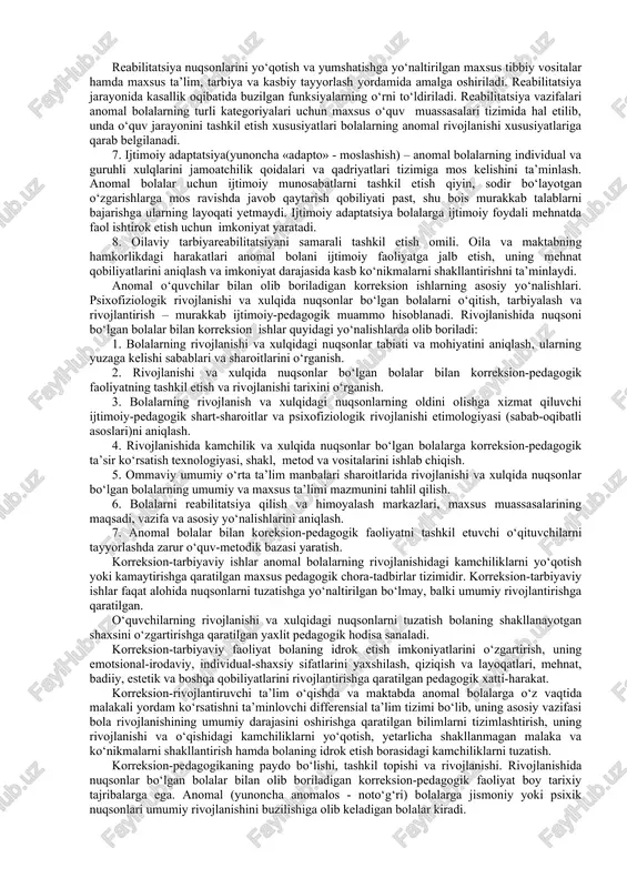 va malakalarni shakllantirishga yo‘naltirilgan maqsadli jarayondir. anomal bolalar uchun ta’lim tizimi va metodlarini tanlashda bolaning yoshi va nuqsonning kelib chiqishi vaqti hisobga olinadi. eshitish yoki ko‘rish qobiliyatini yo‘qotish vaqti alohida ahamiyatga ega. anomal bolaning rivojlanishi normal boladan ko‘ra ko‘proq darajada o‘qitishga bog‘liq. shuning uchun anomal bolalar o‘qitilmasa yoki o‘qitish kech boshlansa uning rivojlanishiga jiddiy zarar yetkaziladi, psixik funksiyalarning shakllanishi ortda qoladi, normal tengdoshlaridan ortda qolishi darajasi oshadi, nuqsonlar o‘ta jiddiy bo‘lsa aqliy rivojlanishi imkoniyatlari yuzaga chiqmay qolishi mumkin. maxsus didaktikaning markaziy muammosi mehnat ta’limi va tarbiyasini tashkil etish masalasi hisoblanadi. maxsus maktablarda uni tashkil etish alohida ahamiyatga ega. binobarin, ushbu jarayonda o‘quvchilar ijtimoiy hayot, shuningdek, imkoniyat darajasida kasbiy faoliyatga tayyorlash buzilgan funksiyalarini tiklash, shuningdek, aqliy va jismoniy rivojlanish nuqsonlarining darajasini pasaytirishga yordam beradi. 2. anomal bolalarni tarbiyalash - korreksion pedagogikaning asosiy tushunchasi bo‘lib, uning maqsad va vazifasi nuqsonning darajasi va tuzilishiga mos keladigan metod hamda vositalar yordamida anomal bolalarni faol …