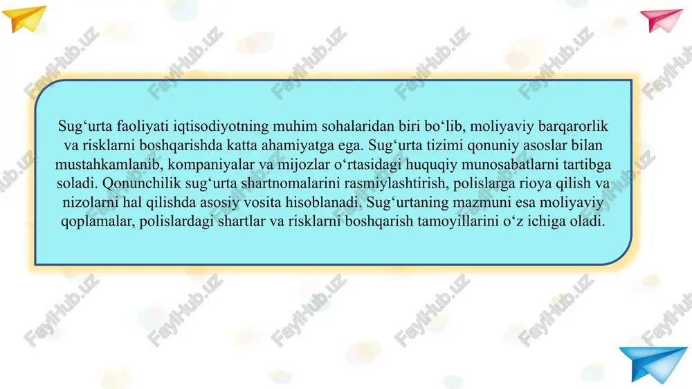 a) kompaniyalar soni b) sug‘urta xizmatlari hajmi va aylanmasi c) mijozlar soni d) to‘lovlar soni 2. sug‘urta turlari bo‘yicha o‘sish nimani bildiradi? a) bozor segmentlarining kengayishini b) kompaniyalar sonining kamayishini c) talabning pasayishini d) mukofotlar kamayishini 3. moliyaviy barqarorlik ko‘rsatkichlari nimalarni ifodalaydi? a) sug‘urta mukofotlarining kamayishini b) kompaniyalar daromadining vaqtinchalik o‘sishini c) kapital, rezerv fond va to‘lov qobiliyatini d) bozor raqobatini 4. mijozlar ishonchi qaysi omilga eng ko‘p ta’sir qiladi? a) narx siyosatiga b) sug‘urta kompaniyalarining obro‘siga c) bozor hajmiga d) soliq siyosatiga 5. raqobat muhiti sug‘urta bozorida qanday rol o‘ynaydi? a) kompaniyalar faoliyatini cheklaydi b) bozorni barqarorlashtiradi va sifatni oshiradi c) narxlarni pasaytiradi d) to‘lovlarni to‘xtatadi 6. davlat siyosati sug‘urta bozoriga qanday ta’sir qiladi? a) faqat soliqlarni oshiradi b) bozorni tartibga soladi va himoya qiladi c) kompaniyalarni yopishga majbur qiladi d) ishsizlikni oshiradi 7. innovatsion texnologiyalar sug‘urta tizimida nima uchun zarur? a) faqat reklama maqsadida b) mijozlarga qulaylik yaratish …