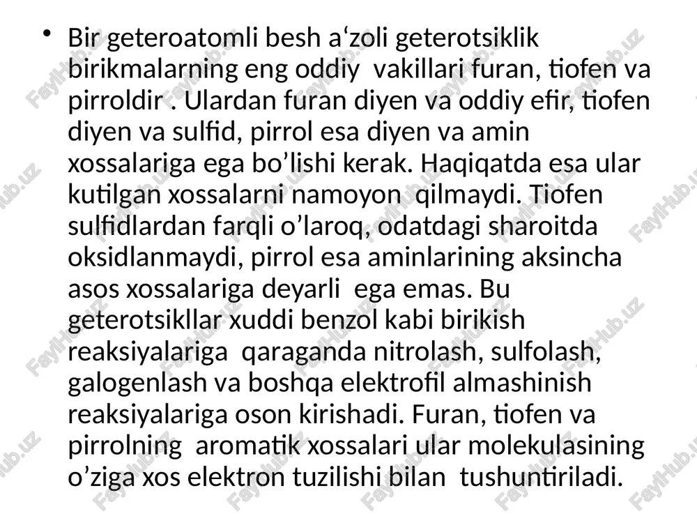 va kapron ishlab chiqarishda qo’llaniladi. furan birikmalari bilan malein angidridi yoki butadiyen-1,3 dan samarali ta‘sir qiladigan repellentlar (zararli hasharotlarga qarshi ishlatiladigan vositalar) olinadi. ayrim furan birikmalarining simobli va bisulfitli hosilalari begona o’tlarga qarshi kurashda ishlatiladi. furan qatorining bir necha nitrohosilalari kuchli bakteritsid ta‘siriga ega. furfurol surkov moylarini to’yinmagan va aromatik tabiatli qo'shimchalardan tozalashda, baliqlar jigaridan a vitaminini ekstraktsiya qilishda, erituvchi sifatida, shuningdek, furan qatori birikmalari, adipin kislota, geksametilendiamin va boshqa moddalarni olishda xomashyo sifatida ishlatiladi. tiofen va uning hosilalari tiofen 840c da qaynaydigan, benzol hidli, suvda erimaydigan rangsiz suyuqlik. olinish usullari 1. sanoatda tiofen butan va sulfit angidrid bug’ini katalizator (cr2o3 , mo2o3, v2o5) to’ldirilgan va 5500c gacha qizdirilgan naydan o’tkazish bilan olinadi: kimyoviy xossalari tiofen furandan farqli o’laroq havoda o’zgarmaydigan, kislotalar va oksidlovchilar ta‘siriga chidamli, xossalari jihatdan benzolga eng yaqin barqaror aromatik birikmadir. u elektrofil almashinish reaksiyalariga kirishish xususiyati jihatdan furan bilan benzol oralig’idagi holatni egallaydi. tiofen bu reaksiyalarga …