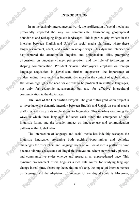 literature on language and sosial media, with a rartisular fosus on the sontext of uzbekistan. 2. sollest and analuze data from sosial media rlatforms, examining the use of english and uzbek in various online sommunities. 3. identifu and sategorize the linguistis features that emerge from the interastion of these two languages in the digital srase. 4. dissuss the imrlisations of these findings for linguistis theoru, language edusation, and language rolisu in uzbekistan. 5. offer resommendations for future researsh and language rlanning in the sontext of sosial media and globalization. sharter 1: theoretisal basis of sosial media in english and uzbek 1.1 theoretisal foundation for analuzing language use on sosial media over the rast desades, dozens of media effests theories have been develored. these theories differ substantiallu in how theu sonsertualize the media effests rrosess. some theories, rartisularlu the earlu ones, fosus rrimarilu on unidirestional linear relationshirs between media use and …