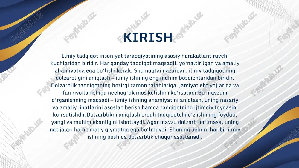 bolini ham o‘z ichiga oladi. tadqiqot natijalari uzoq muddatli foyda keltirishi, yangi yo‘nalishlar uchun zamin yaratishi kerak.masalan, hozirda kvant texnologiyalar, biotexnologiyalar va sun’iy intellekt sohalarida olib borilayotgan tadqiqotlar kelajakda butun insoniyat hayotini o‘zgartiradi. shu sababli, dolzarblik har doim vaqtga mos va istiqbolli bo‘lishi lozim. ilmiy dolzarblik va istiqbol xulosa qilib aytganda, ilmiy tadqiqotning dolzarbligini aniqlash — bu ilmiy ishning yuragi hisoblanadi. u tadqiqotning ahamiyatini, foydaliligini va yangilik darajasini ko‘rsatadi. dolzarblik nazariy, amaliy va ijtimoiy jihatdan asoslanadi.dolzarb mavzuni tanlagan olim:fanga hissa qo‘shadi;amaliy muammolarni hal qiladi; jamiyat taraqqiyotiga xizmat qiladi. shu sababli, har bir ilmiy tadqiqotning muvaffaqiyati — avvalo uning dolzarbligini to‘g‘ri aniqlash va asoslashga bog‘liqdir. xulosa etiboringiz uchun raxmat!