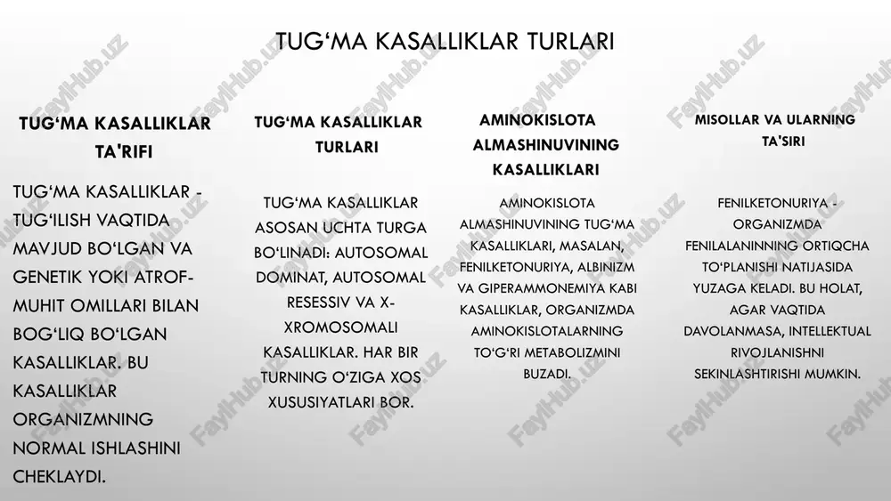 lanishi orqali energiya ishlab chiqaradi. aminokislotalar, shuningdek, metabolik yo'llarda ko'plab fermentlar va koenzimlar sifatida ishlatiladi. aminokislotalarning energiya ishlab chiqarish jarayonida ishtiroki aminokislotalar energiya ishlab chiqarishda muhim ahamiyatga ega. ular krebs tsikli orqali metabolizm jarayonlarida ishtirok etadi, bu jarayonda aminokislotalar glukoneogenez va energetik molekulalar hosil qilish uchun foydalaniladi. masalan, leysin va izoleysin kabi aminokislotalar energiya ishlab chiqarishda qatnashadi. shuningdek, metilfenilalanin kabi ba'zi aminokislotalar metabolik kasalliklarda muhim rol o'ynaydi, bu esa ularning sog'liq uchun ahamiyatini yanada oshiradi. aminokislotalar va ularning genetik ahamiyati 1. aminokislotalar va genetik kod: - aminokislotalar oqsillarni tashkil etuvchi asosiy birikmalardir. - ular genetik kod orqali dnk dan oqsil sinteziga ishtirok etadi. 2. aminokislotalar va dnk: - dnk ning tuzilishi aminokislotalarning tartibini belgilaydi. - har bir aminokislota o'ziga xos kod bilan belgilanadi. 3. genetik kasalliklar va aminokislotalar: - genetik kasalliklar ko'pincha aminokislotalarning noto'g'ri sintetikasi bilan bog'liq. - misollar: fenosketonuriya, sickle-cell anemiya, tay-sachs kasalligi. photo by national cancer institute on …